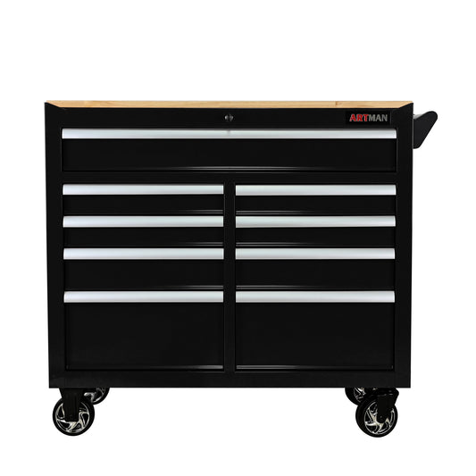 9-Drawer Multifunctional Steel Tool Cart with Wheels and Wooden Top, Black