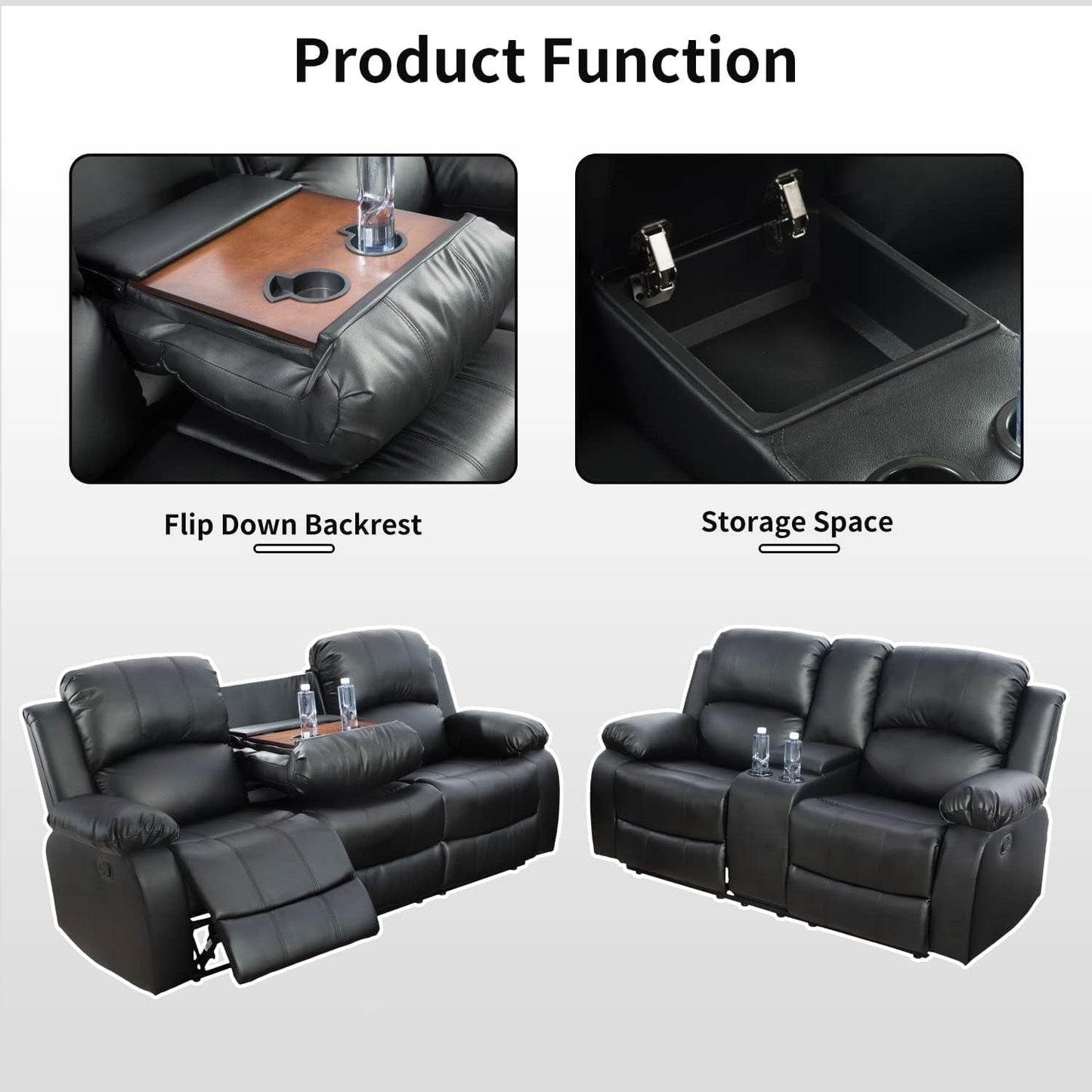 Black Recliner Sofa Set For Living Room Theater Seating