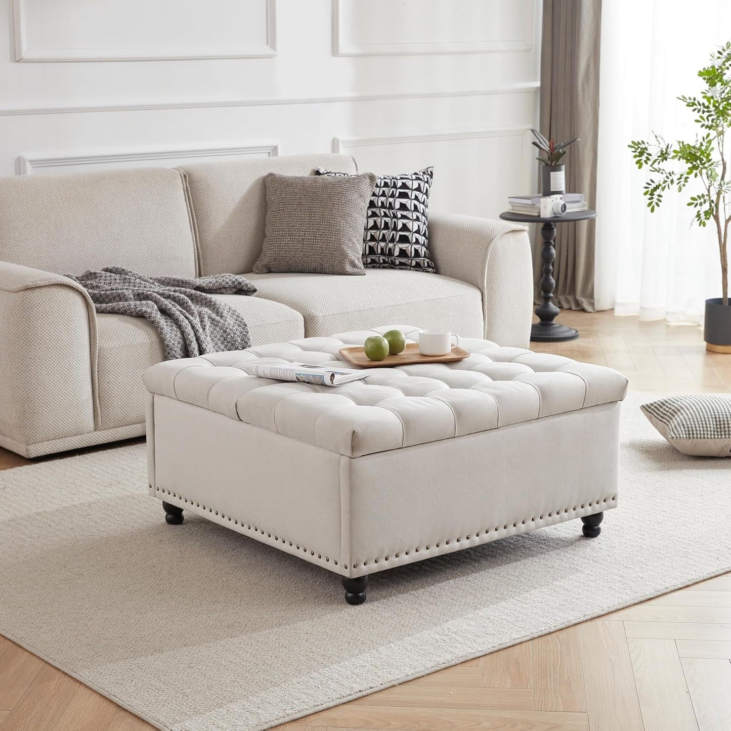 Beige Oversized Storage Ottoman Featuring Lift Top