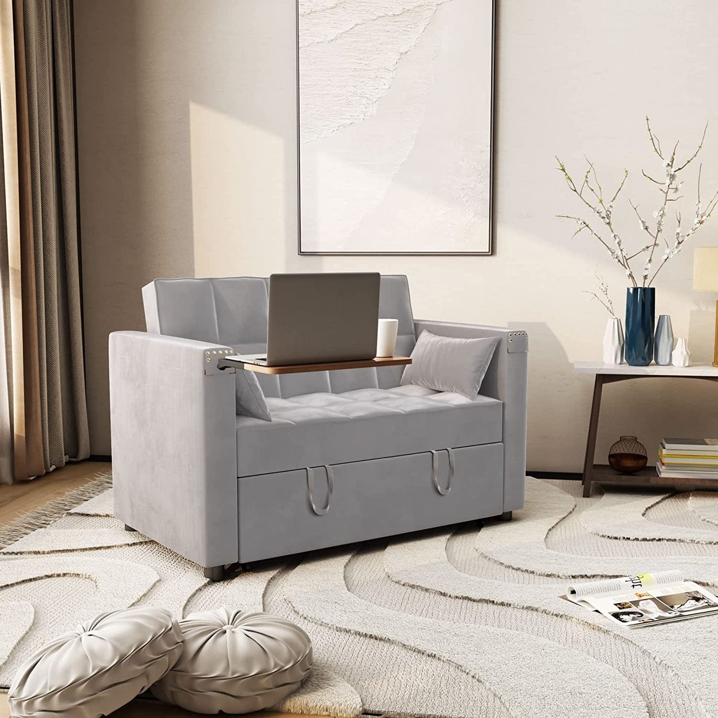 Sofa Bed With Hidden Table Velvet Fabric For Small Spaces