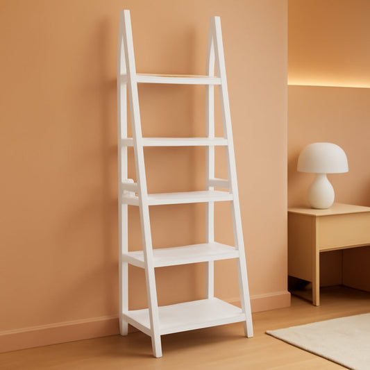 Five Tier Ladder Bookshelf Organizer In White Rubberwood 70 Inch Tall