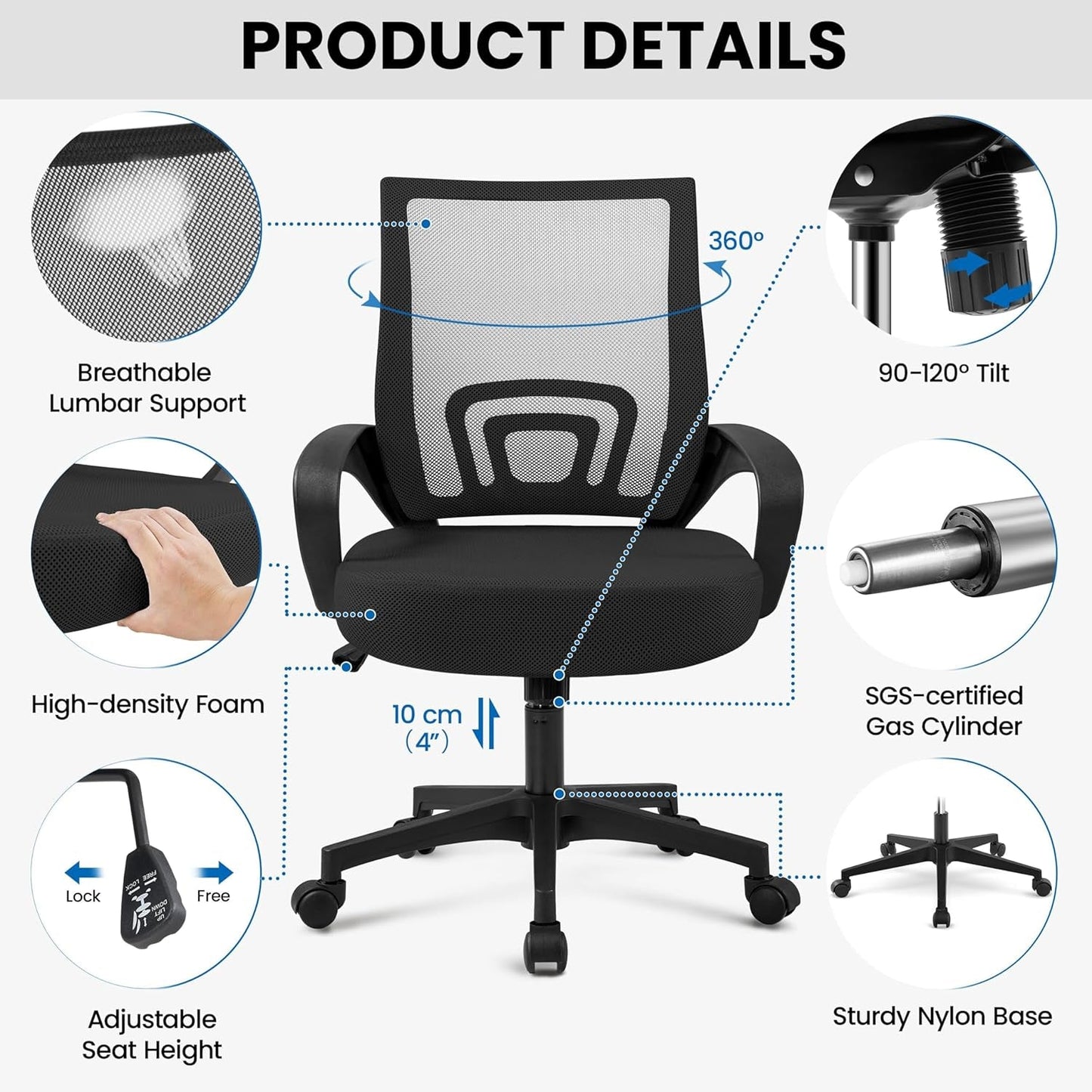 Ergonomic Mesh Office Chair Black Height Adjustable 2 Pack