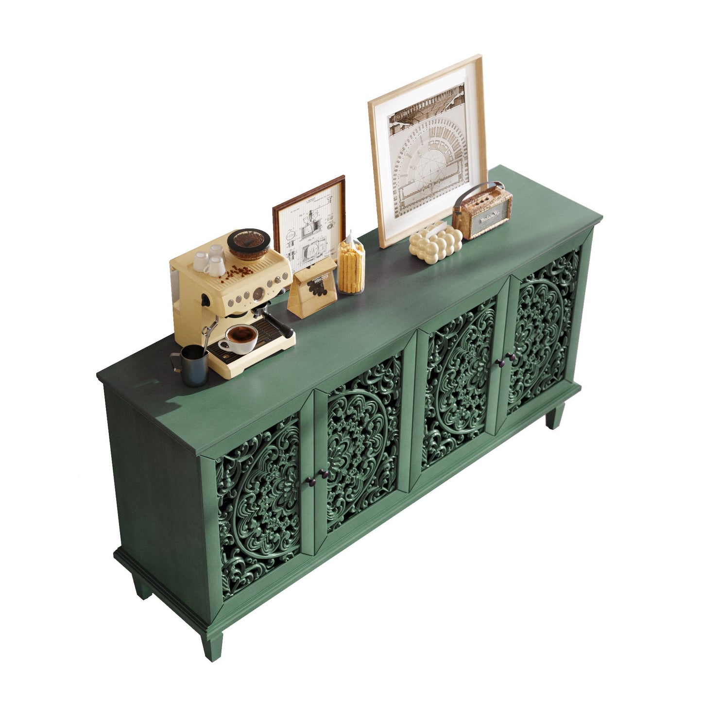 60' Antique Buffet Cabinet with Floral Carvings