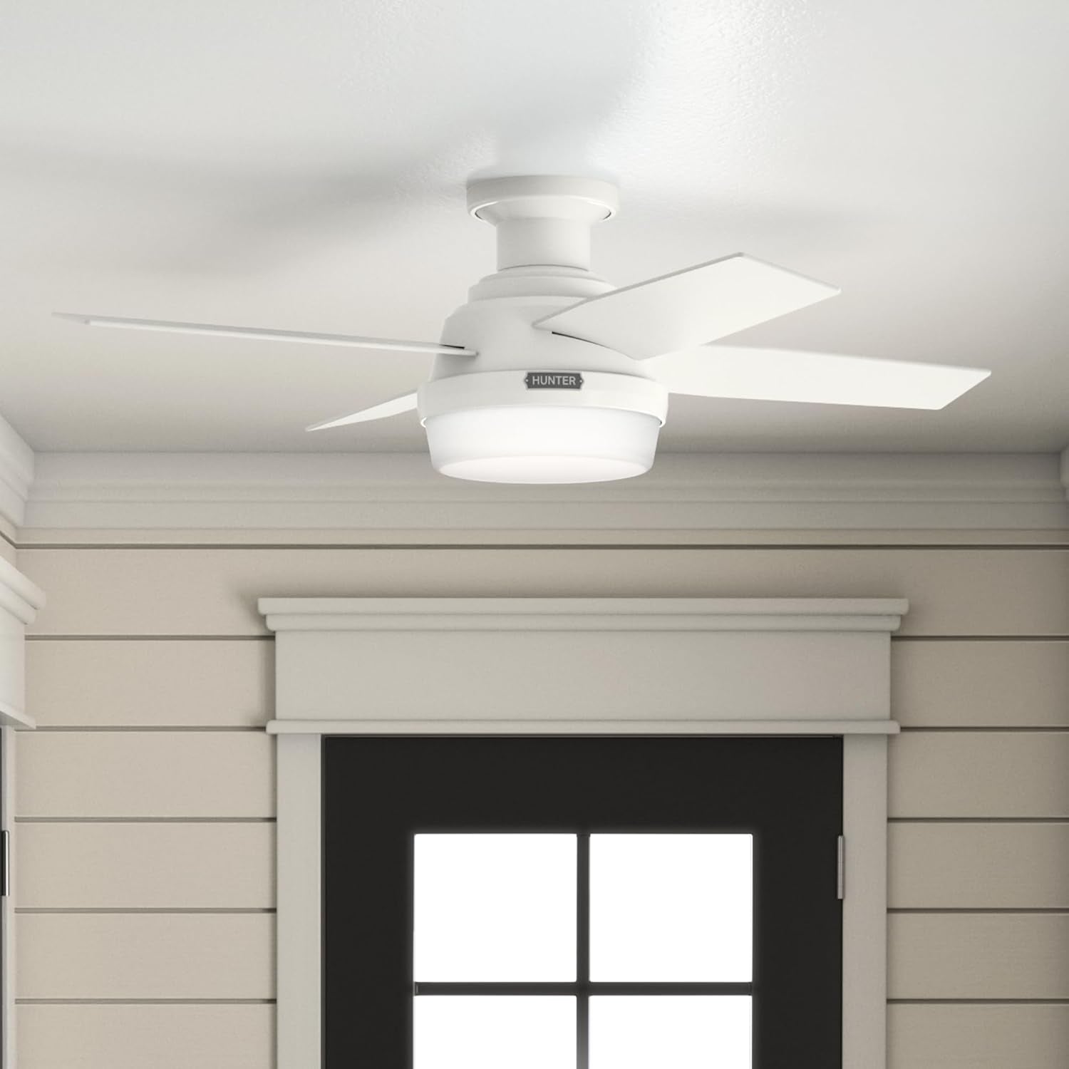 44-Inch LED Low-Profile Ceiling Fan With Remote Control in Fresh White finish, flush-mount design for low ceilings.