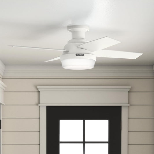 44-Inch LED Low-Profile Ceiling Fan With Remote Control in Fresh White finish, flush-mount design for low ceilings.