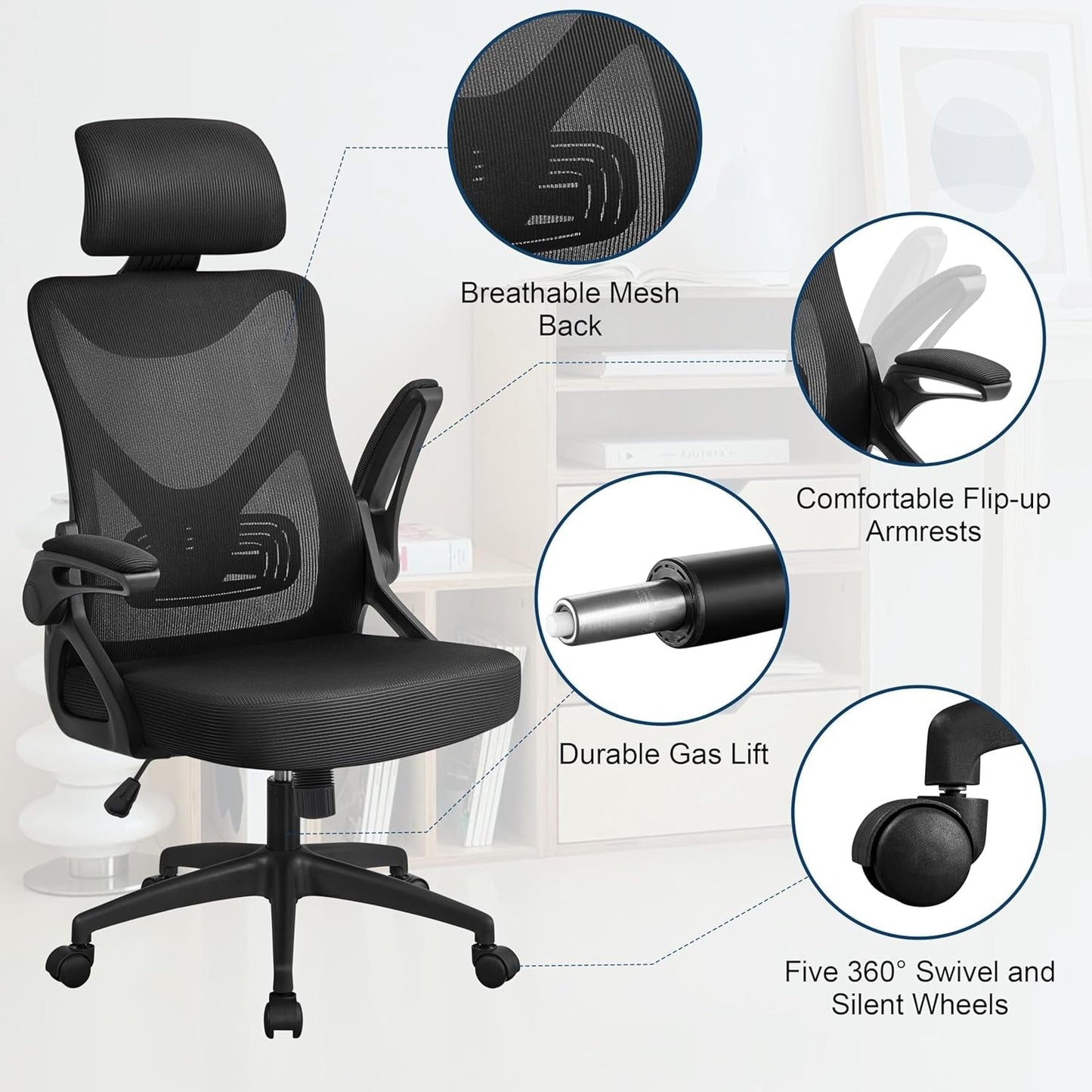 Black Ergonomic Office Chair With Adjustable Headrest And Flip Up Armrests