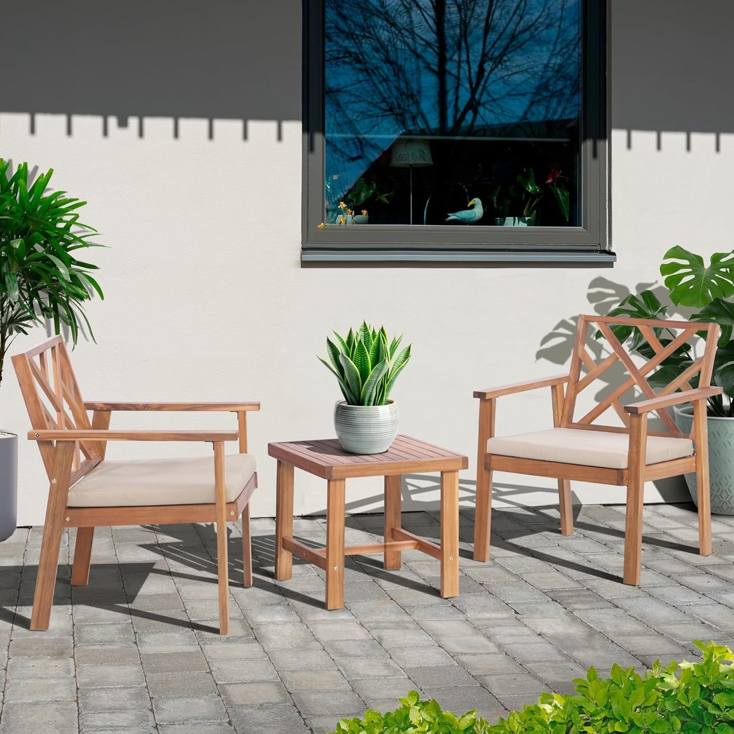 3 Piece Outdoor Patio Furniture Set Acacia Wood Cushioned Chairs And Coffee Table