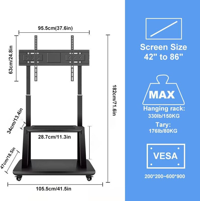 Mobile Tv Cart On Wheels For 42 To 100 Inch Screens