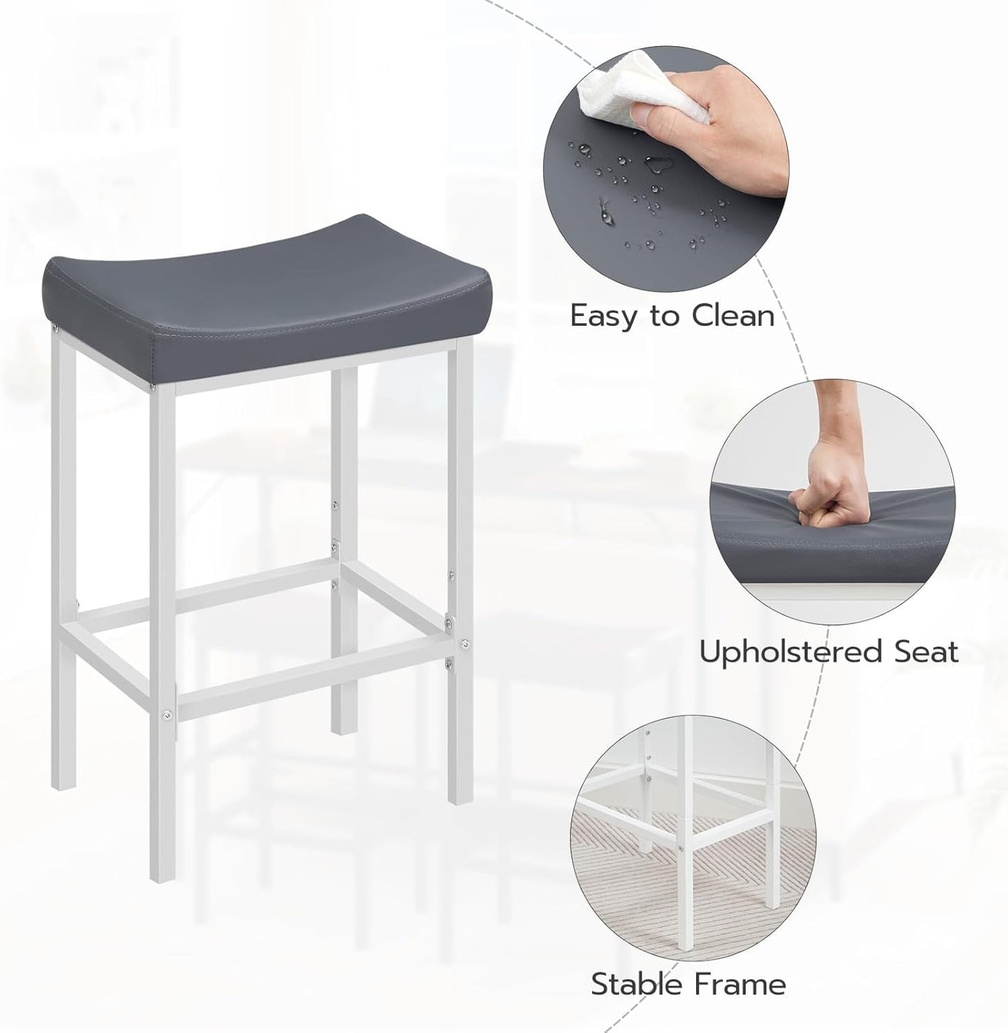 Saddle Bar Stools Set of 2, 24.8 Inches, White and Gray