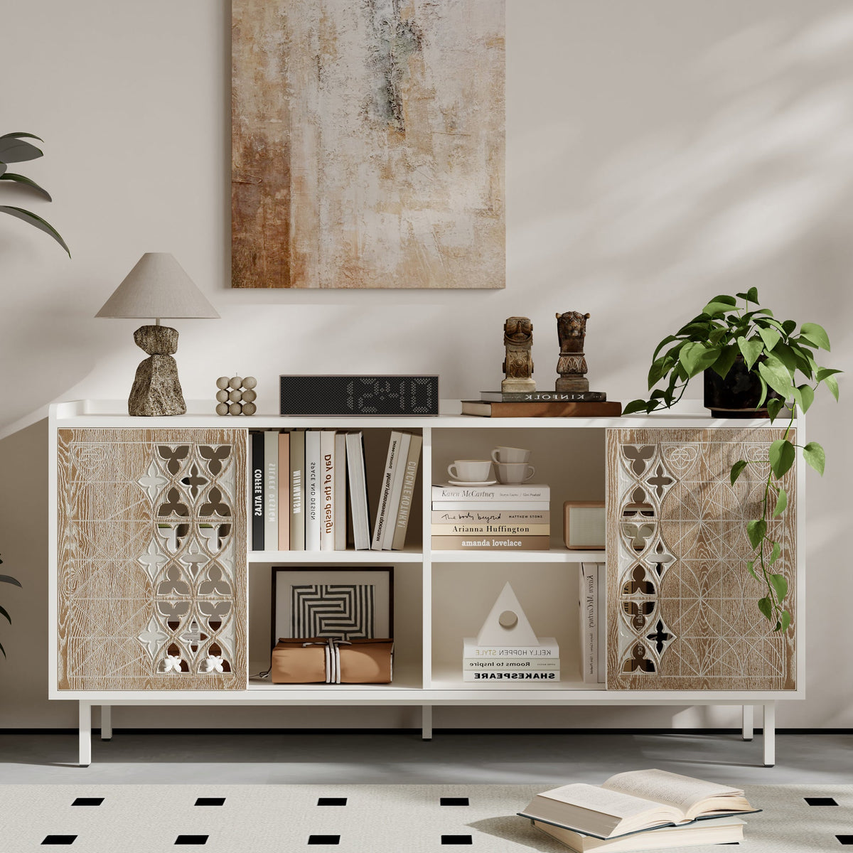 Sicotas Mid Century Sideboard Storage Rustic Sliding Door Solid Wood Cabinet