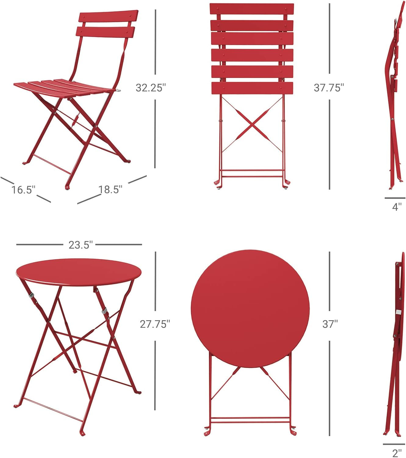 3-Piece Folding Outdoor Bistro Set Red Cushioned Seats
