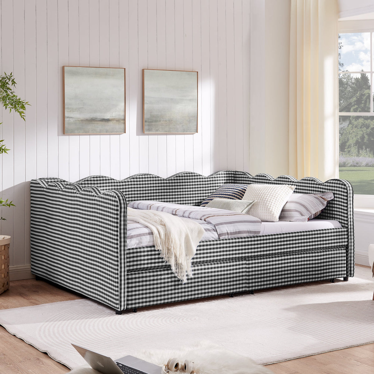 Queen Size Cozy Gingham Daybed with Storage Drawers