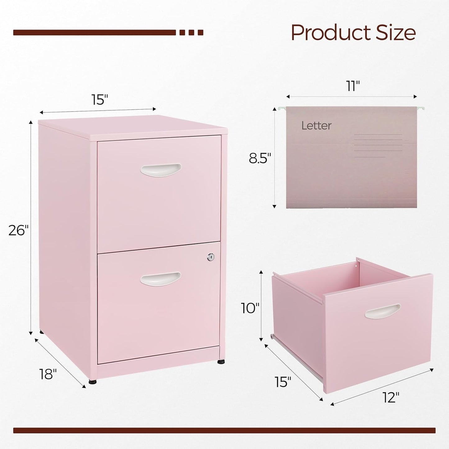 Metal Pink 2 Drawer Locking File Cabinet For Hanging Files Letter A4 Documents Compact