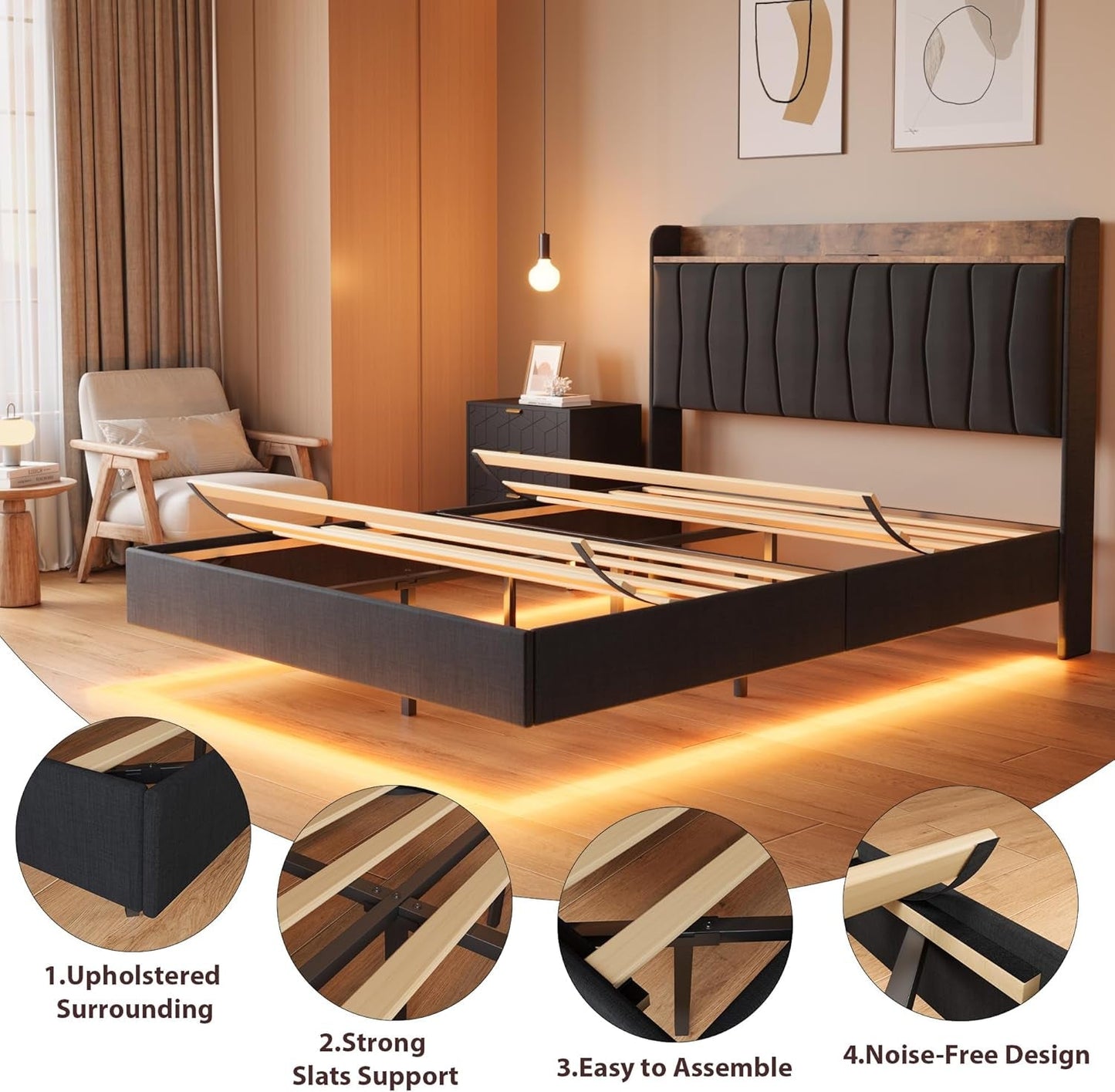 Black Floating Full Bed Frame With Storage Headboard