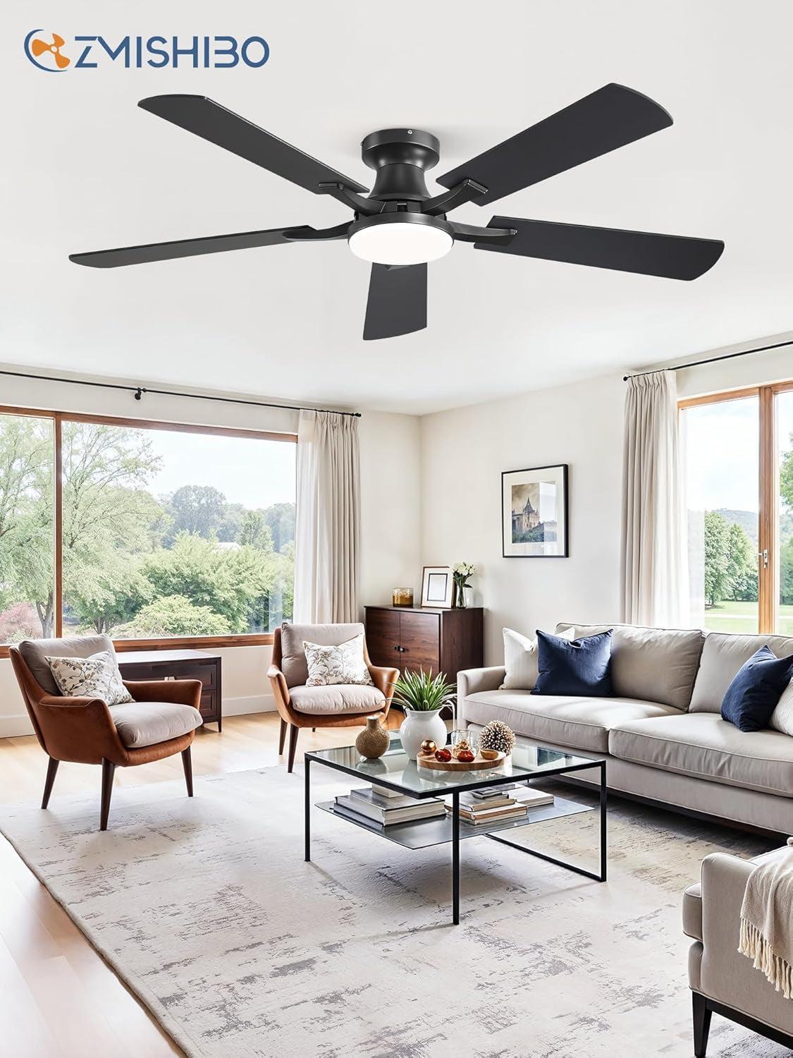 52 Inch Matte Black Ceiling Fan With Dimmable LED Light