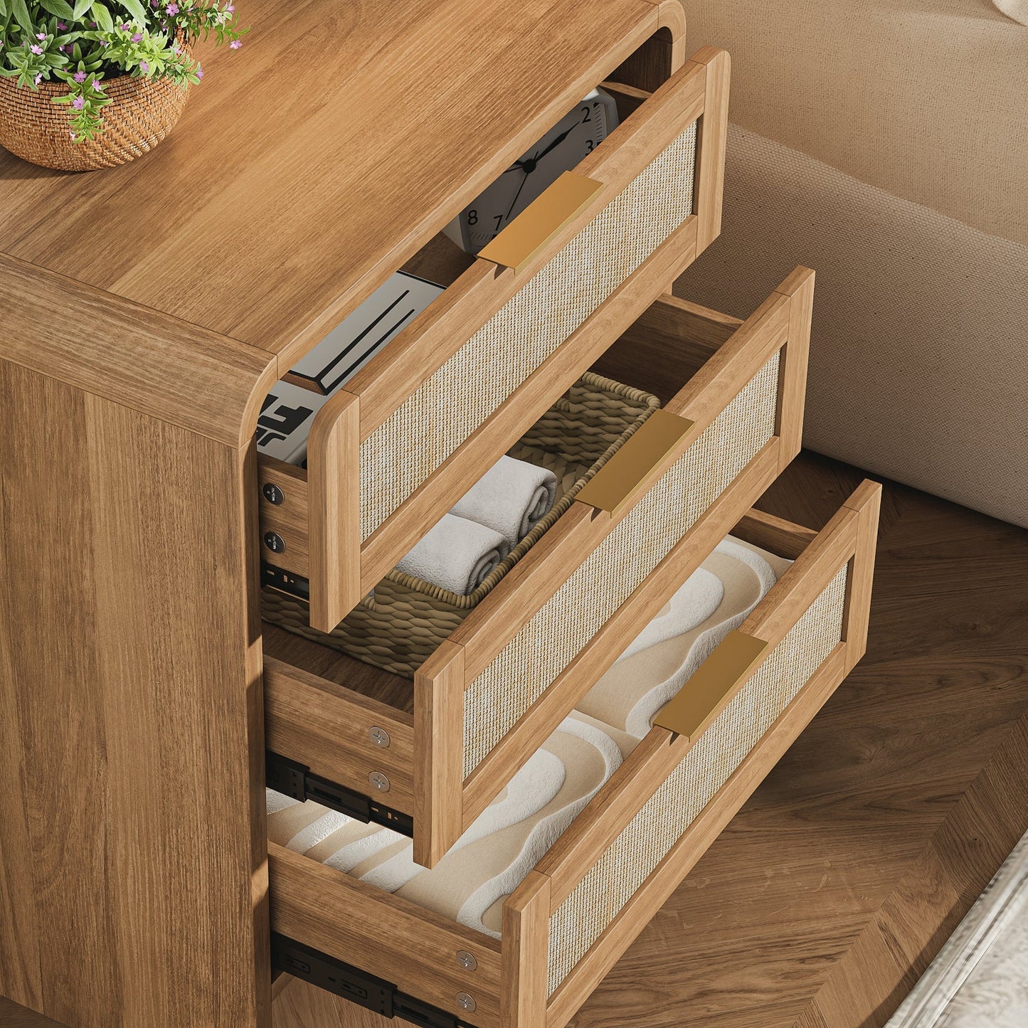 Rattan Nightstand with 3 Drawers set of 2, 22.8' Wide Curved Wooden Bedside Table, Modern Storage for Bedroom, Caramel Oak.