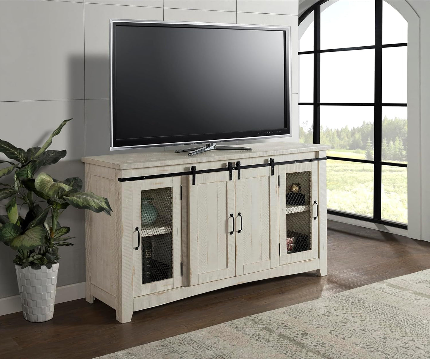 65 Inch Solid Wood TV Stand In Antique White With Storage
