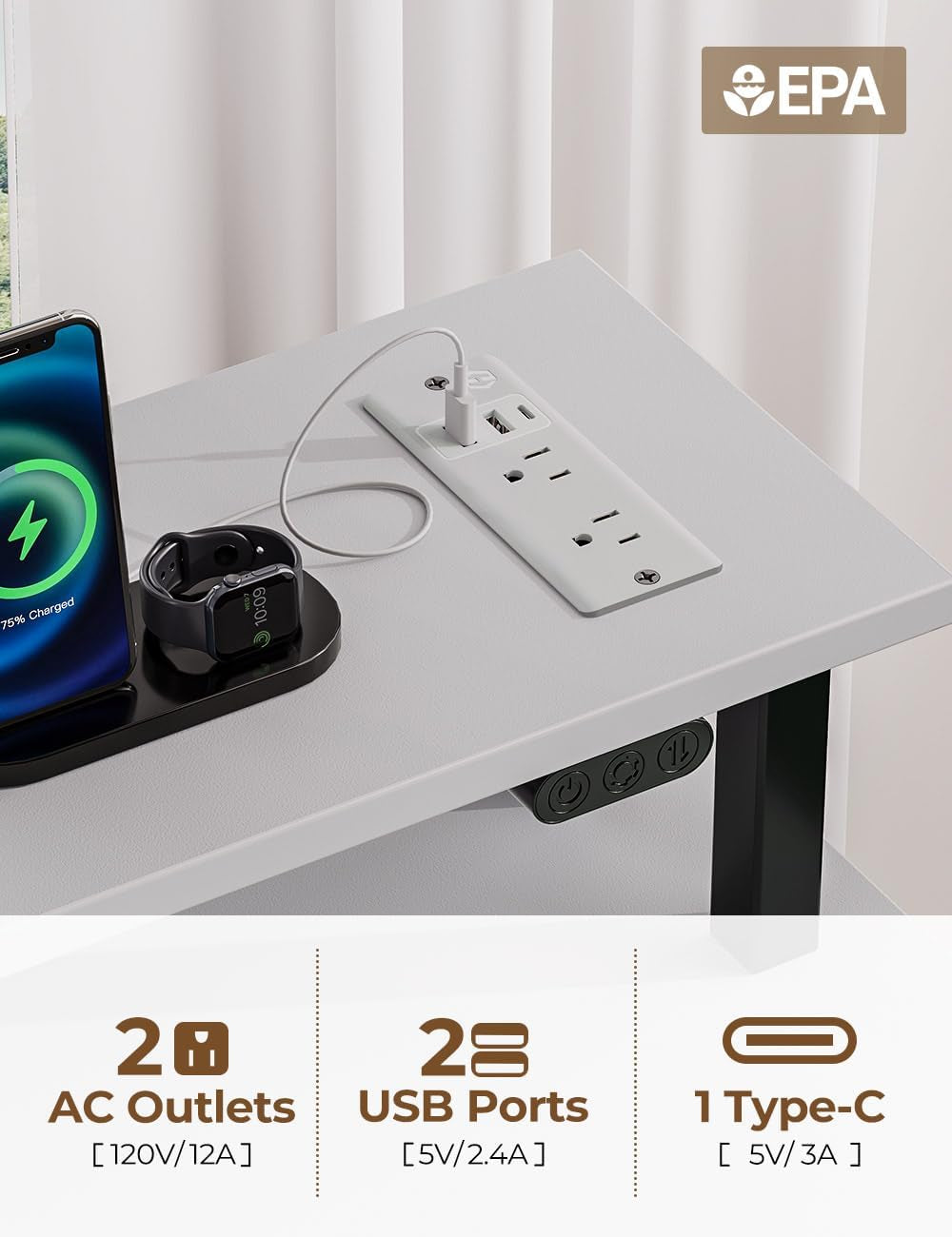 47 Inch White Computer Desk With Power Outlets And LED