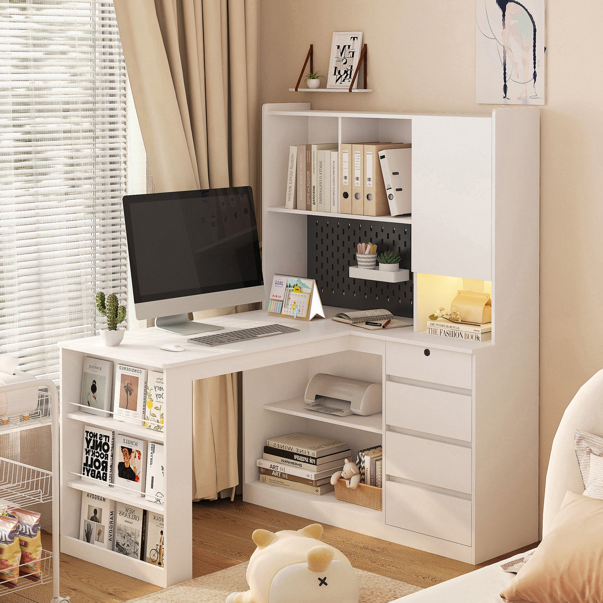 L Shaped Desk with Charger, Computer Desk with Drawers