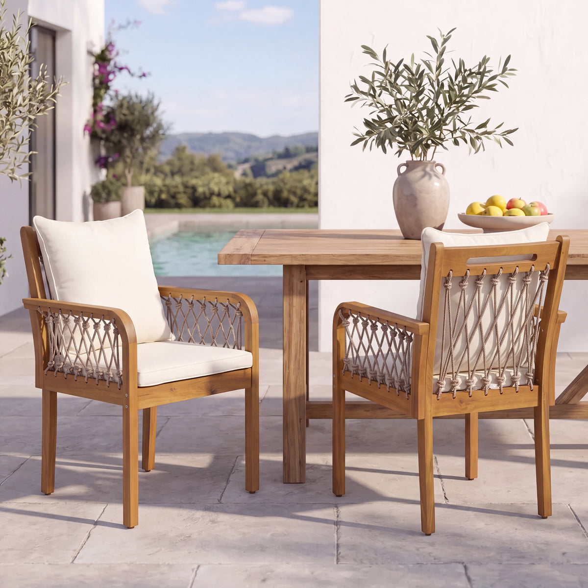Outdoor Patio Acacia Wood Chairs With Woven Rope Arms (Set of 2)