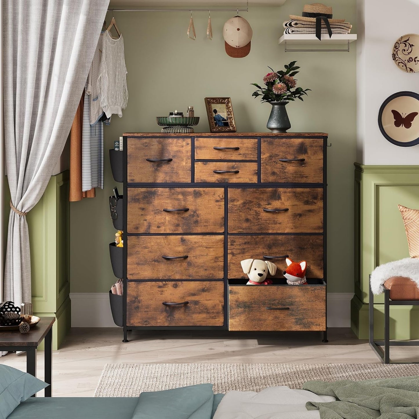 Dresser With 10 Drawers In Rustic Brown Wood Grain Finish