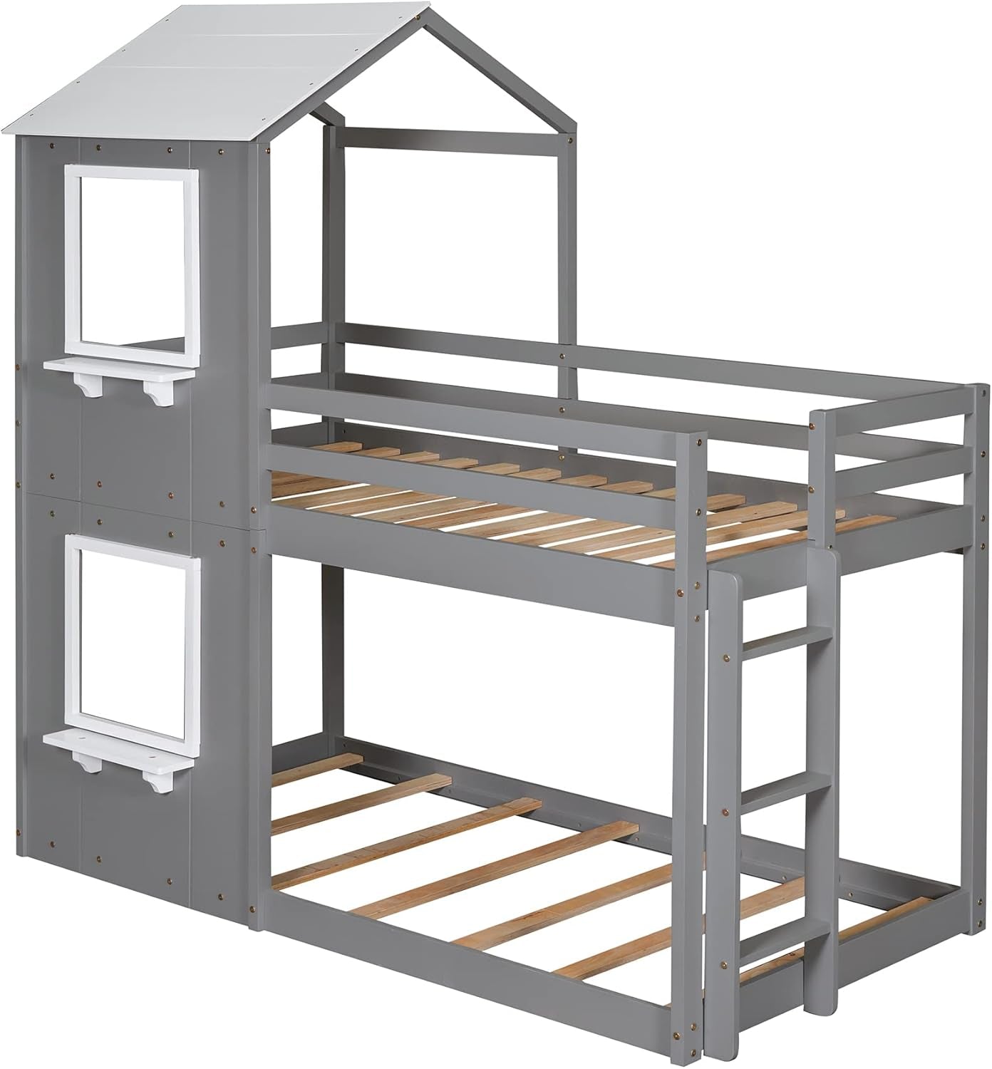 Twin Over Twin House Bunk Bed With Roof And Ladders Grey