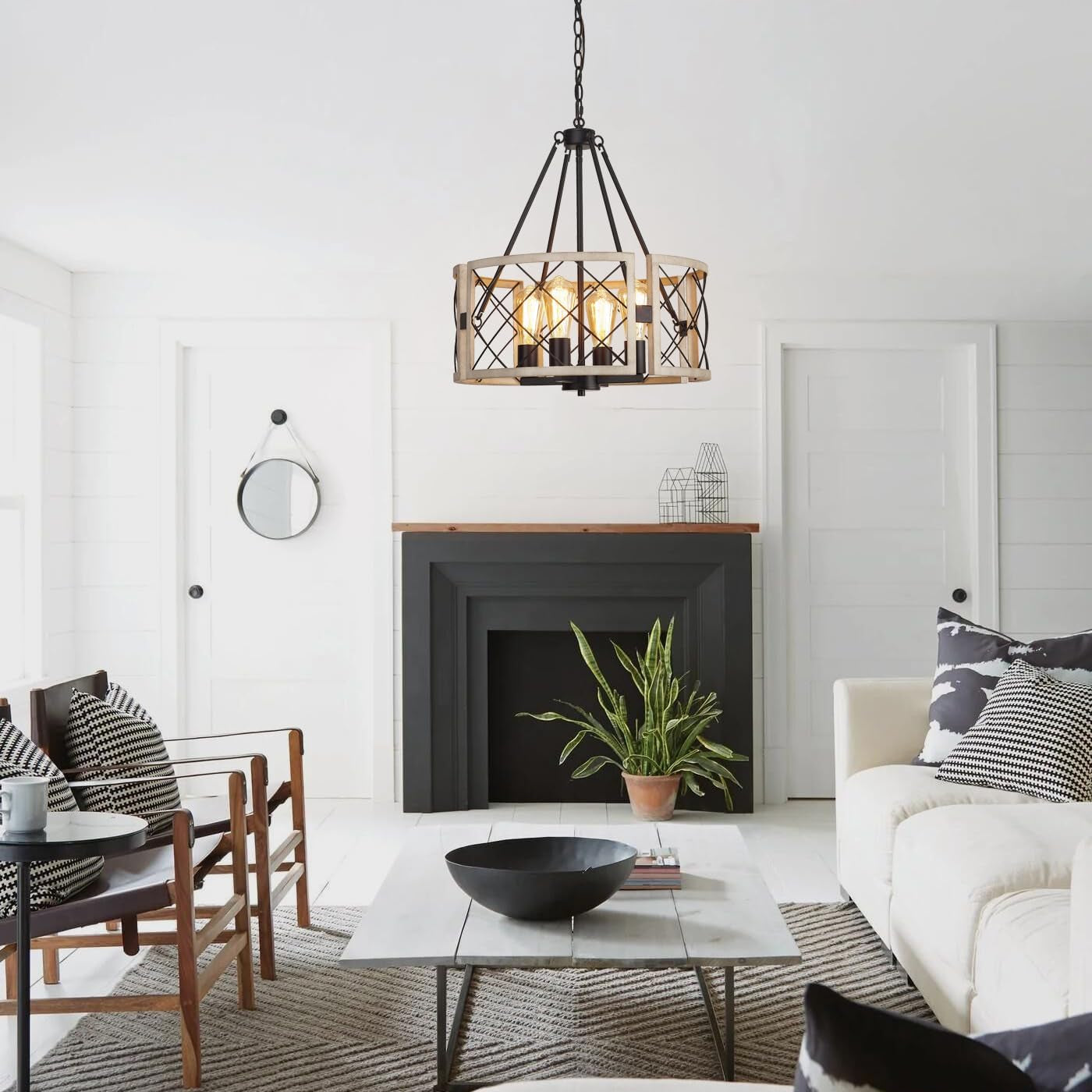 D19 Inch Rustic 4 Light Chandelier Black And White Oak