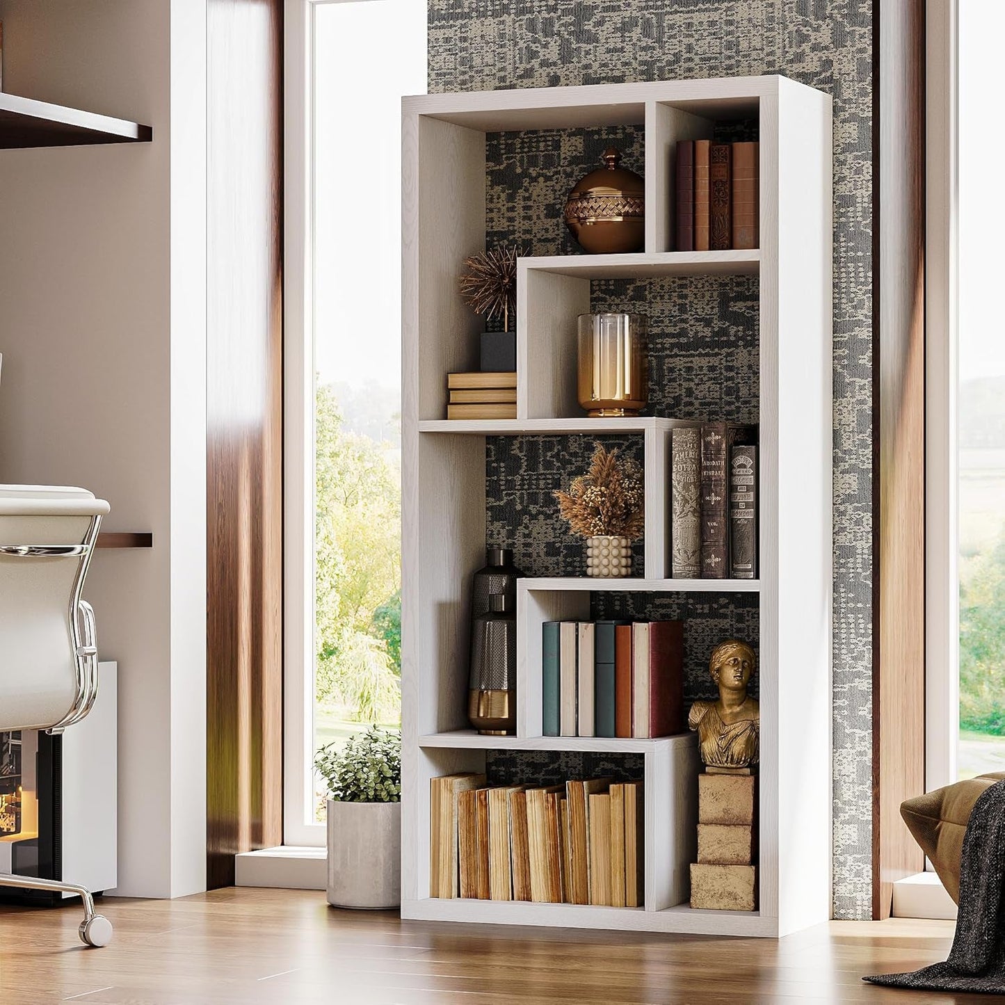 Geometric 6 Shelf Industrial Bookcase White Tall Storage