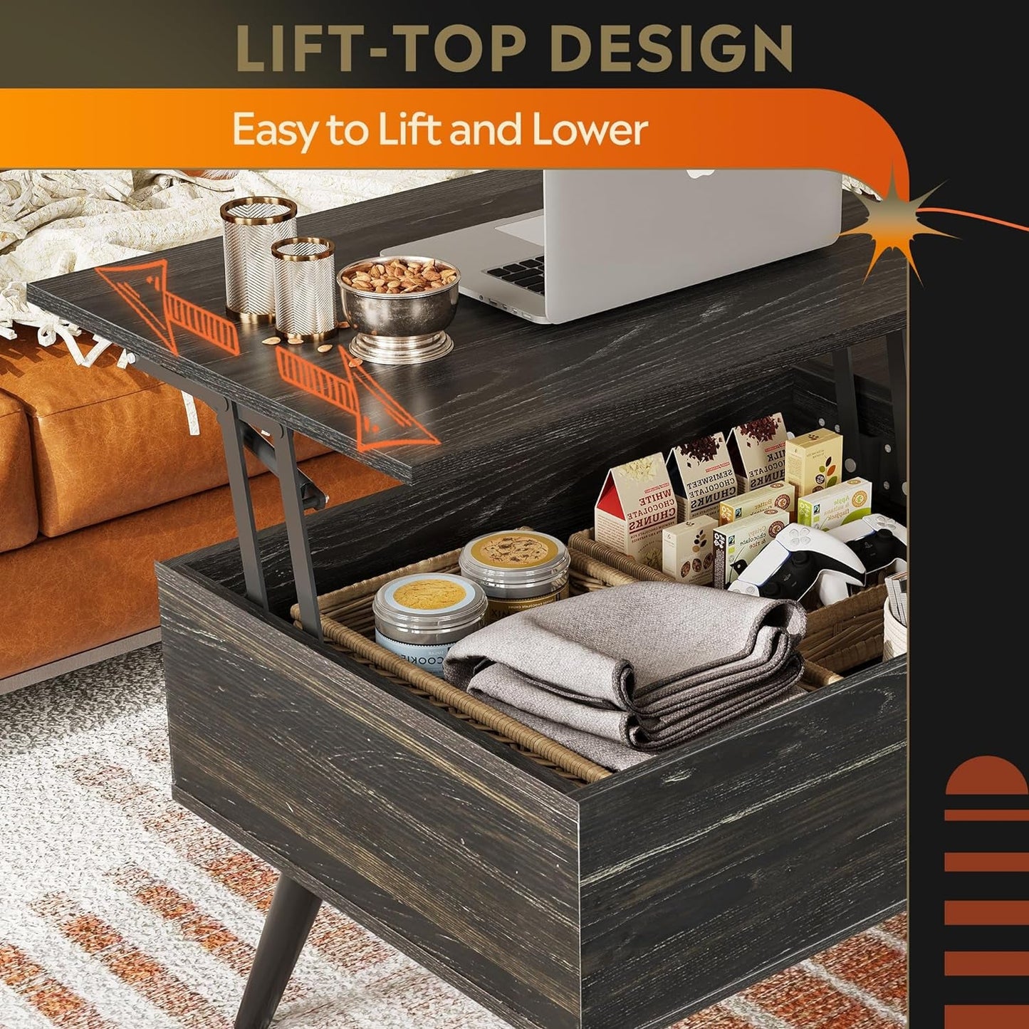 Wood Lift Top Coffee Table Hidden Compartment Charcoal