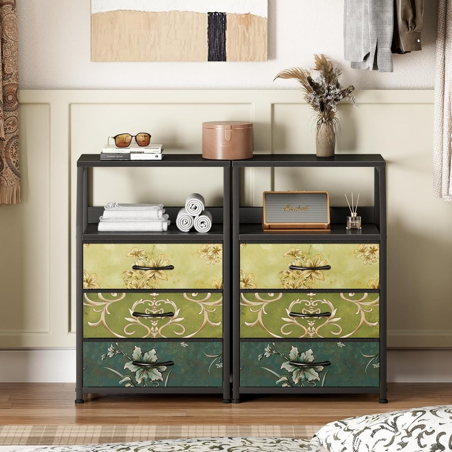 Retro Nightstand With 3 Drawers And 2 Tier Shelf Storage