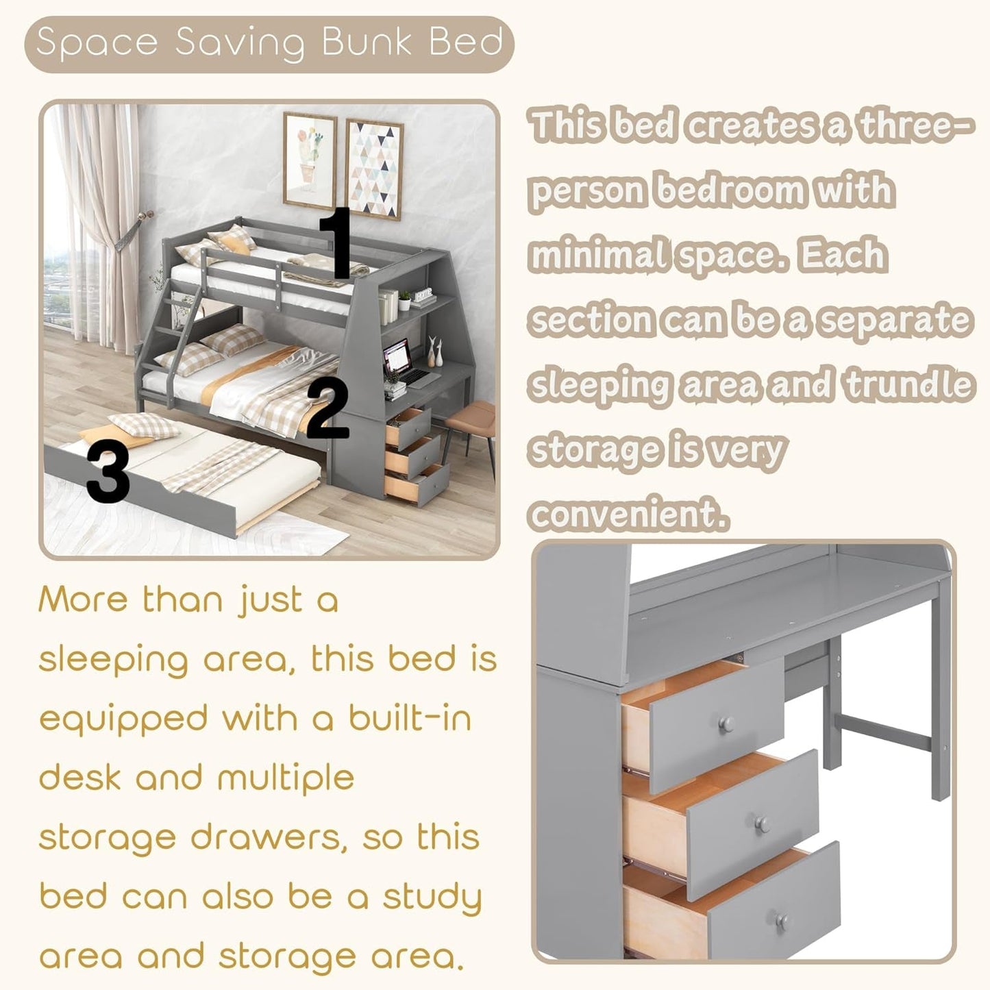 Gray Twin Over Full Bunk Bed With Trundle And Desk