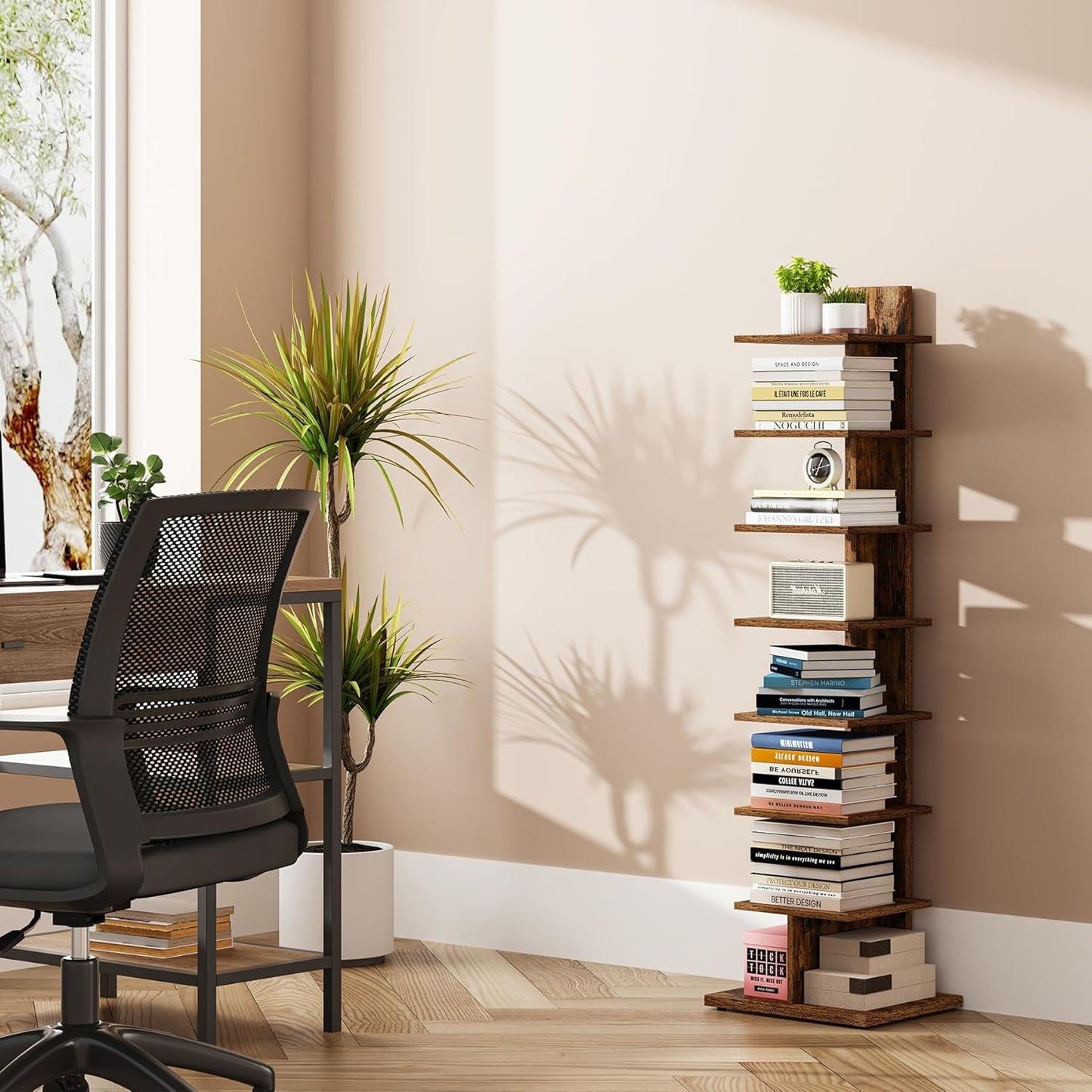 Vertical Bookshelf 8 Tier Rustic Brown Corner Shelf