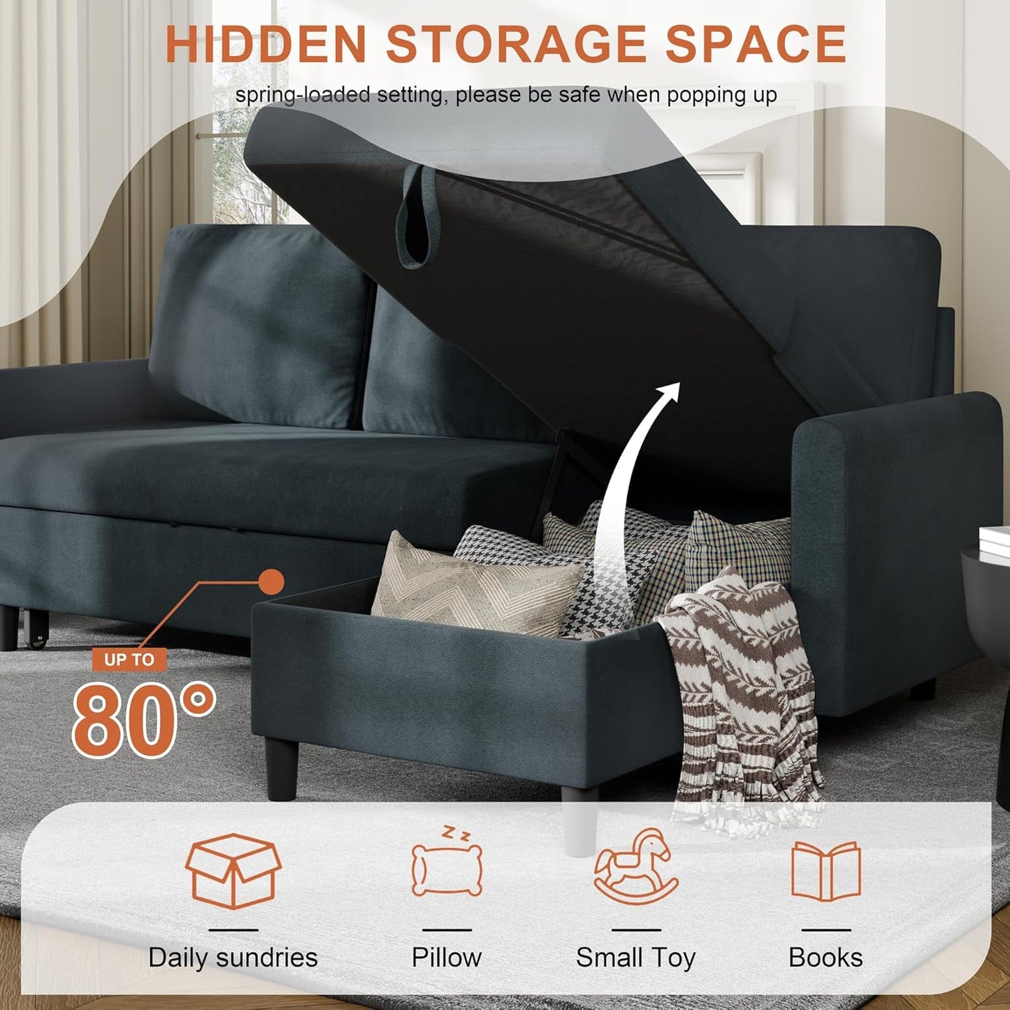 Dark Grey LShaped Convertible Sleeper Sofa Durable