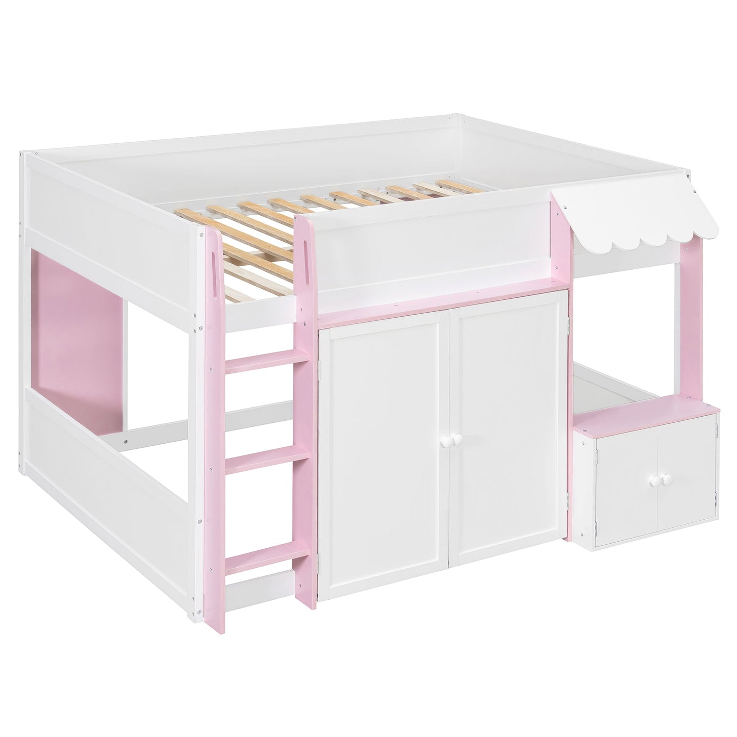 Full Loft House Bed with Playhouse & Storage, Modern Wood Cabin Bed for Kids/Teens, White+Pink