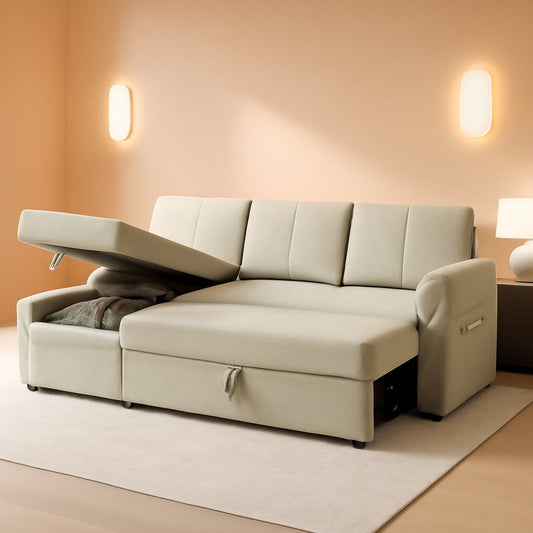 Linen Beige Multifunctional Sleeper Sofa With Storage