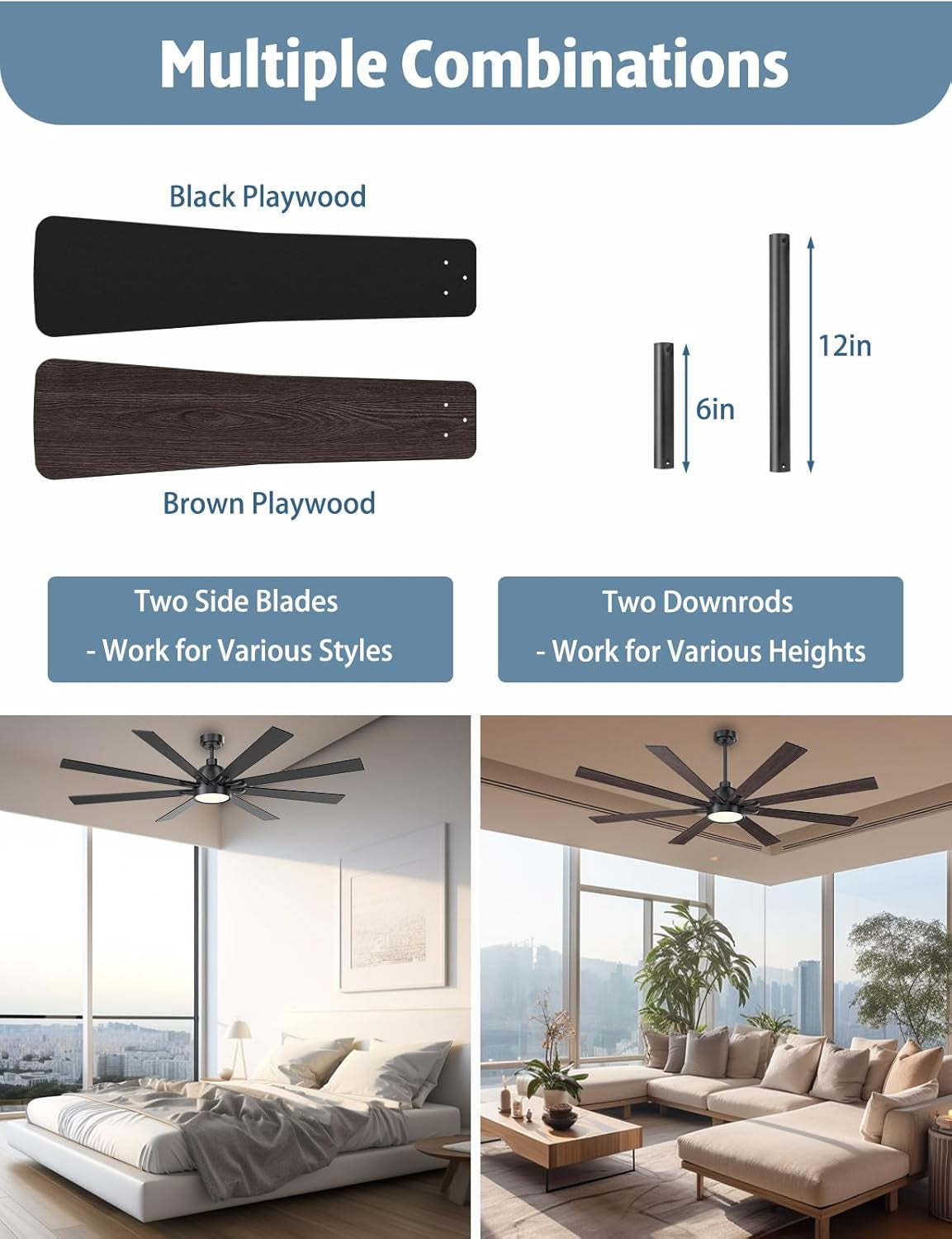 62 Inch Ceiling Fan With Remote Matte Black Wood Finish showing multiple combinations with black and brown playwood blades.