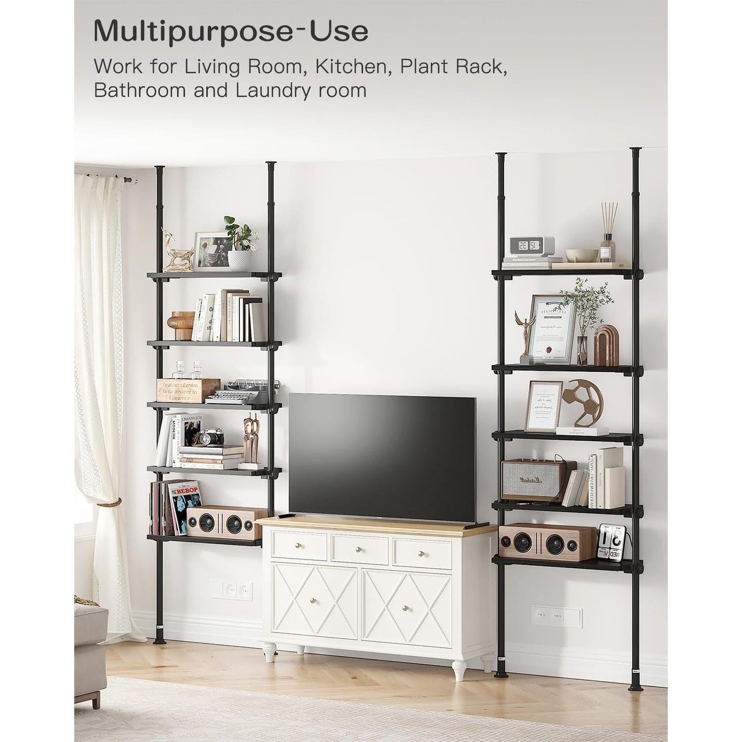 5 Tier Narrow Ladder Bookshelf With Floor To Ceiling Mount