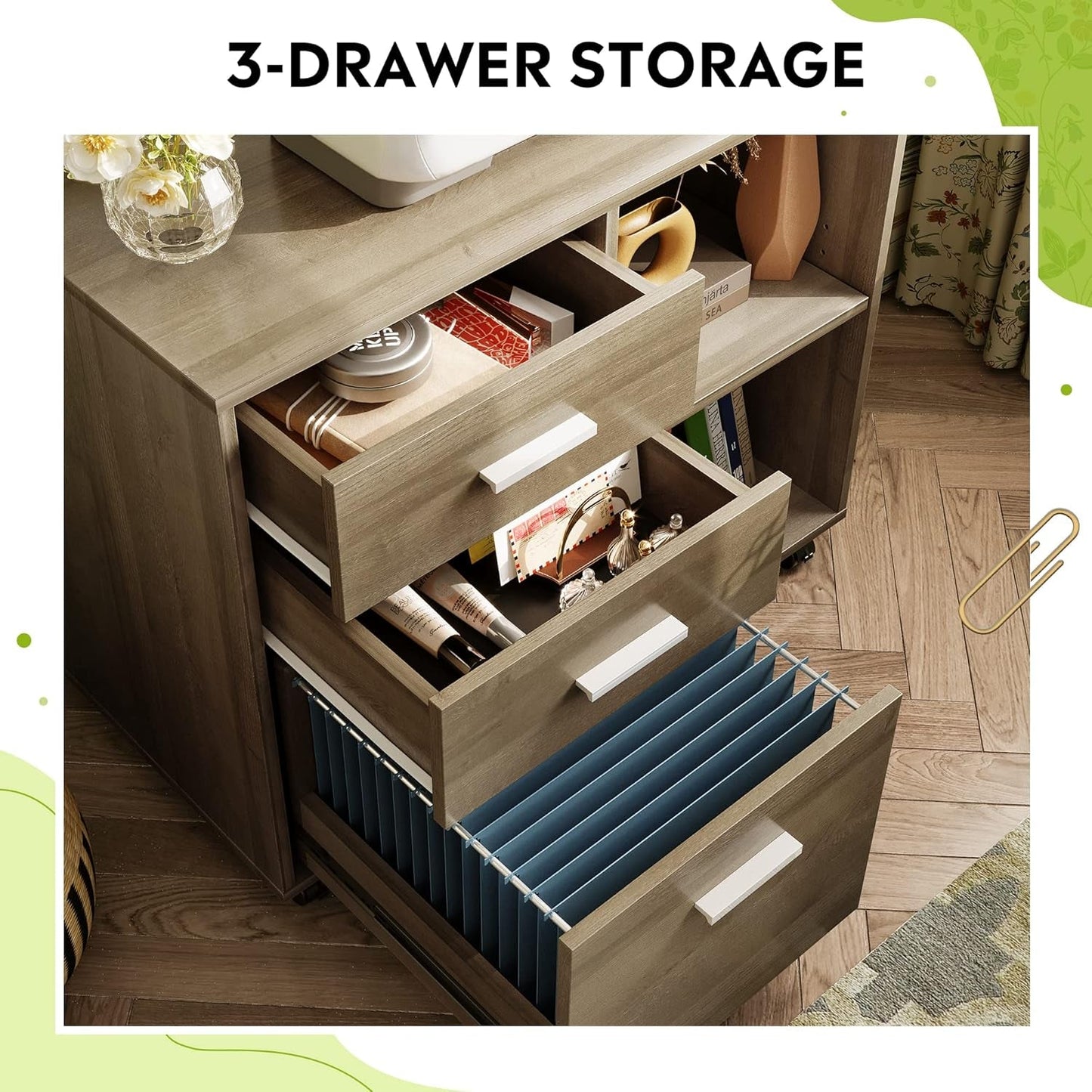 Three Drawer Mobile File Cabinet In Gray Oak With Open Shelves Printer Stand For Home Office