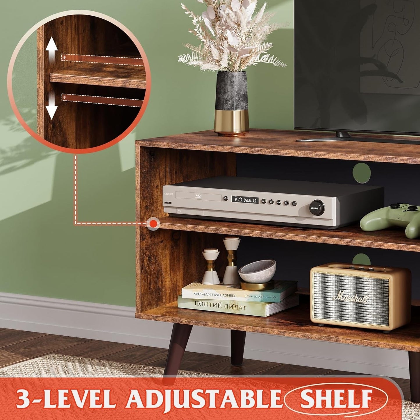 Mid Century TV Stand for 55 Inch TV Brown Wood Entertainment Center With Storage