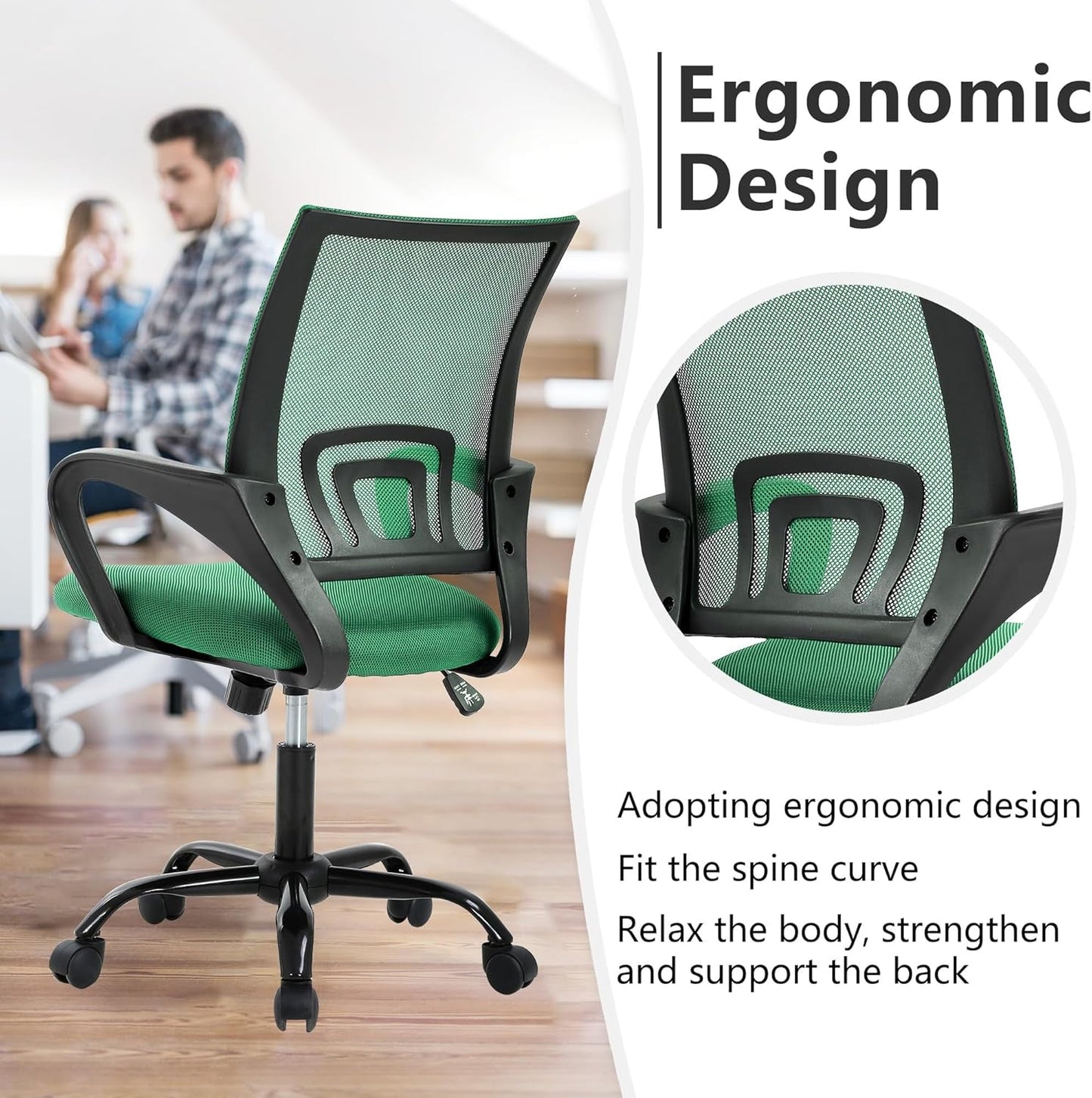 Ergonomic Green Office Chair With Adjustable Lumbar Support