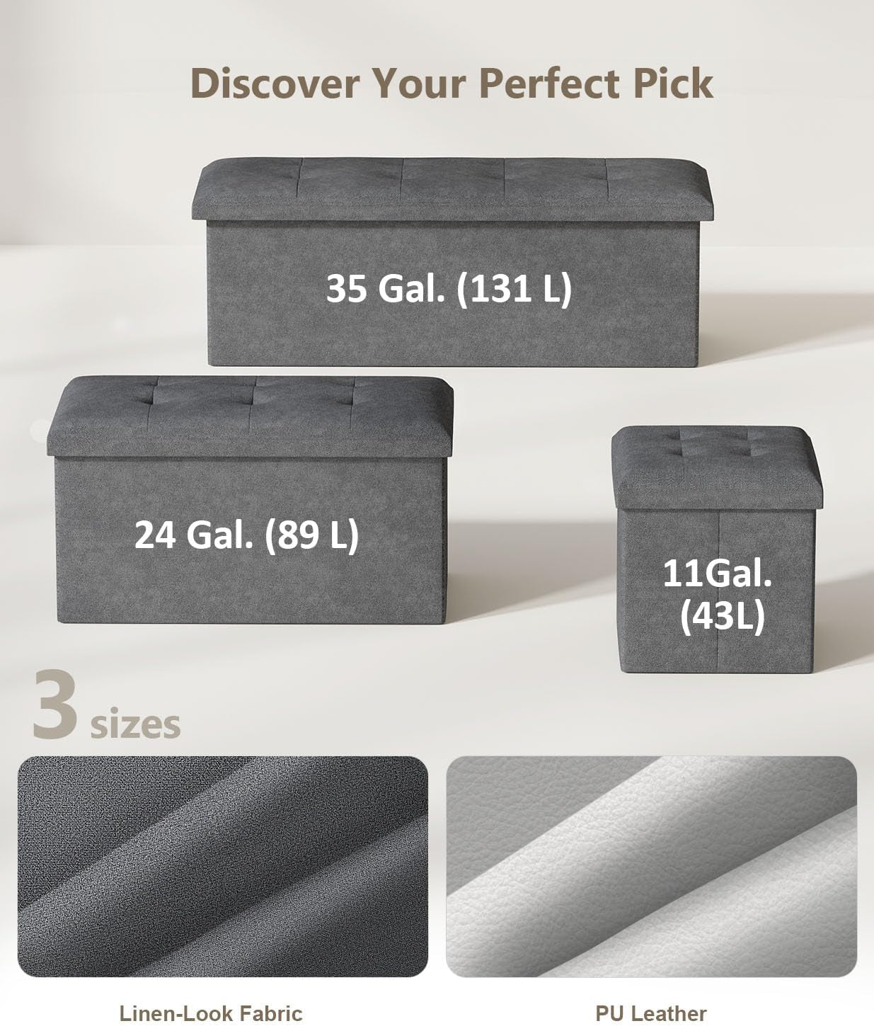 Charcoal Gray Classic Folding Storage Ottoman 43Inch