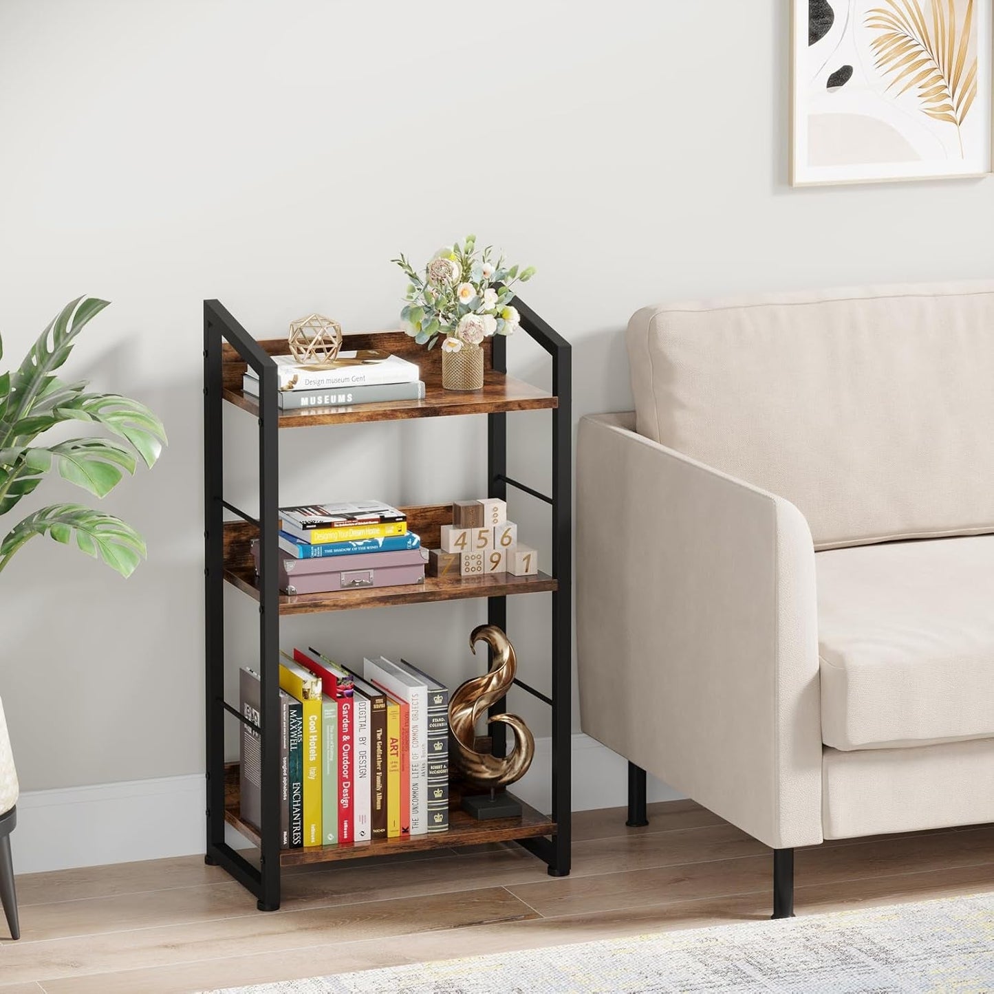 3 Tier Wooden Bookshelf With Edge Protection Vintage Brown