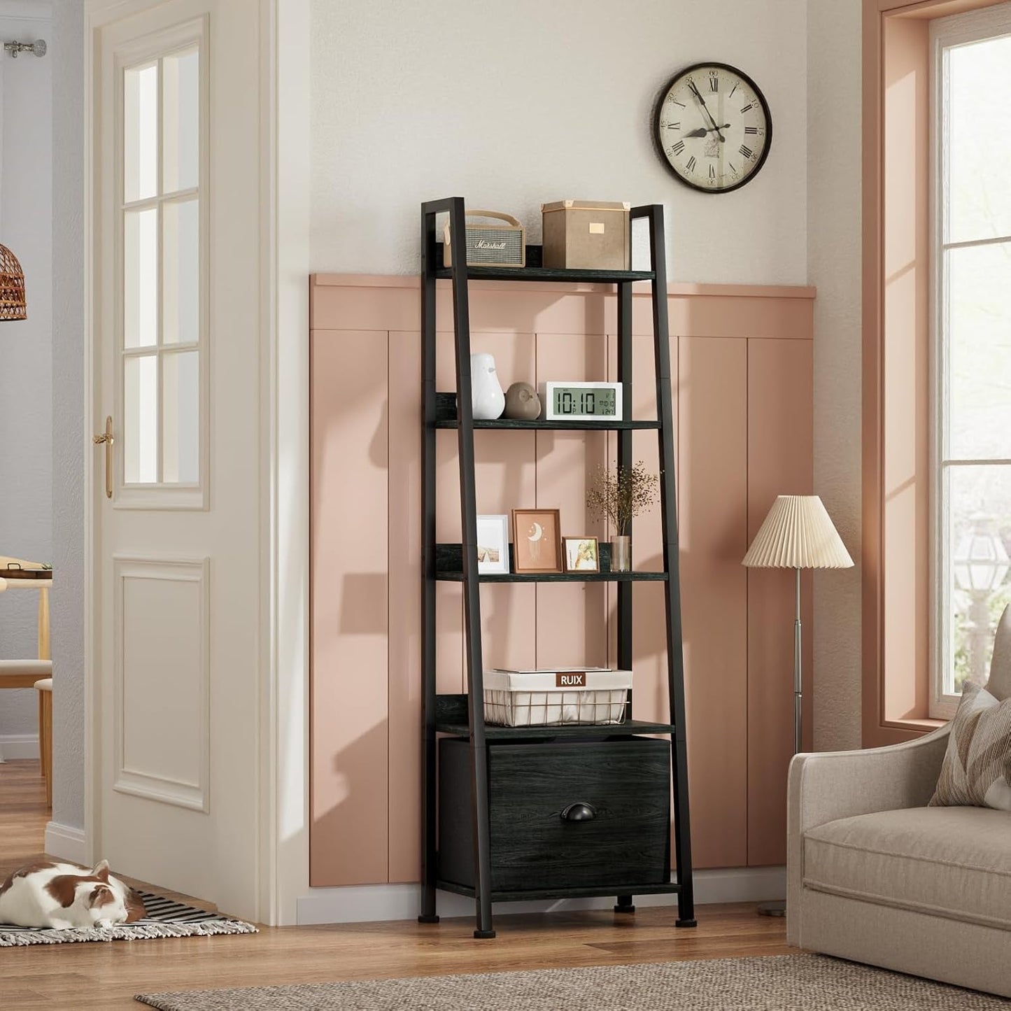 5 Tier Ladder Shelf With Drawer Narrow Black Oak Finish