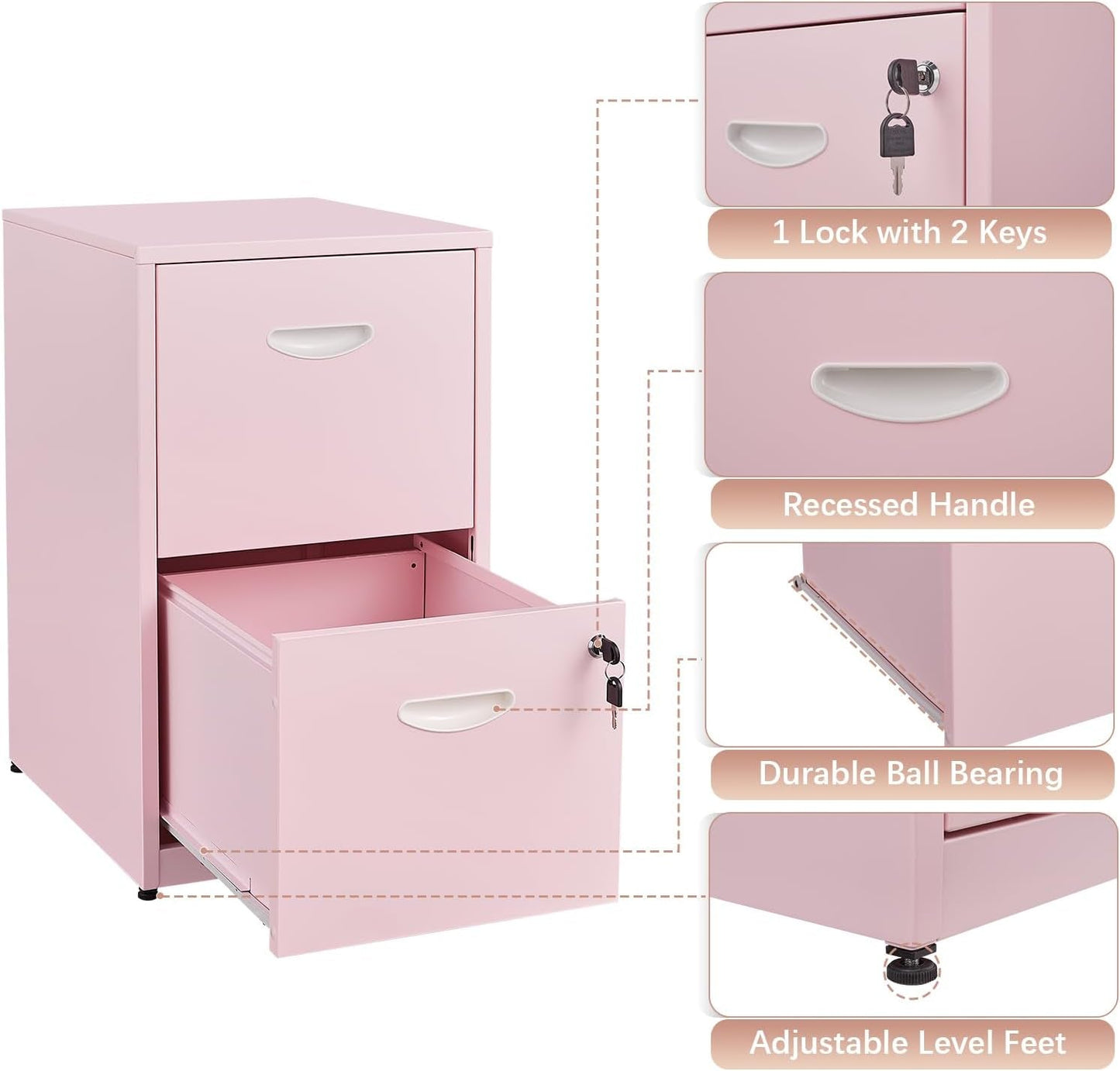 Pink 2 Drawer Locking File Cabinet For Home Office