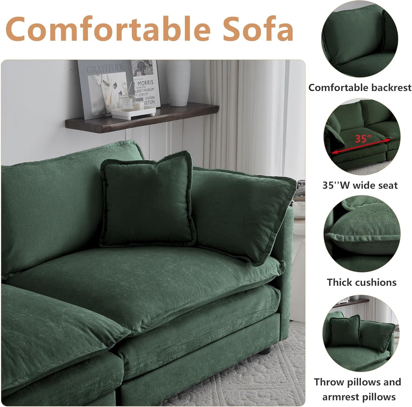 3 Piece Evergreen Sofa Set Chenille Modular For Living Room