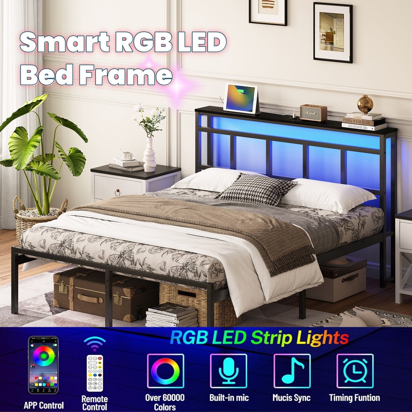 14 Inch Full Bed Frame with Storage Headboard