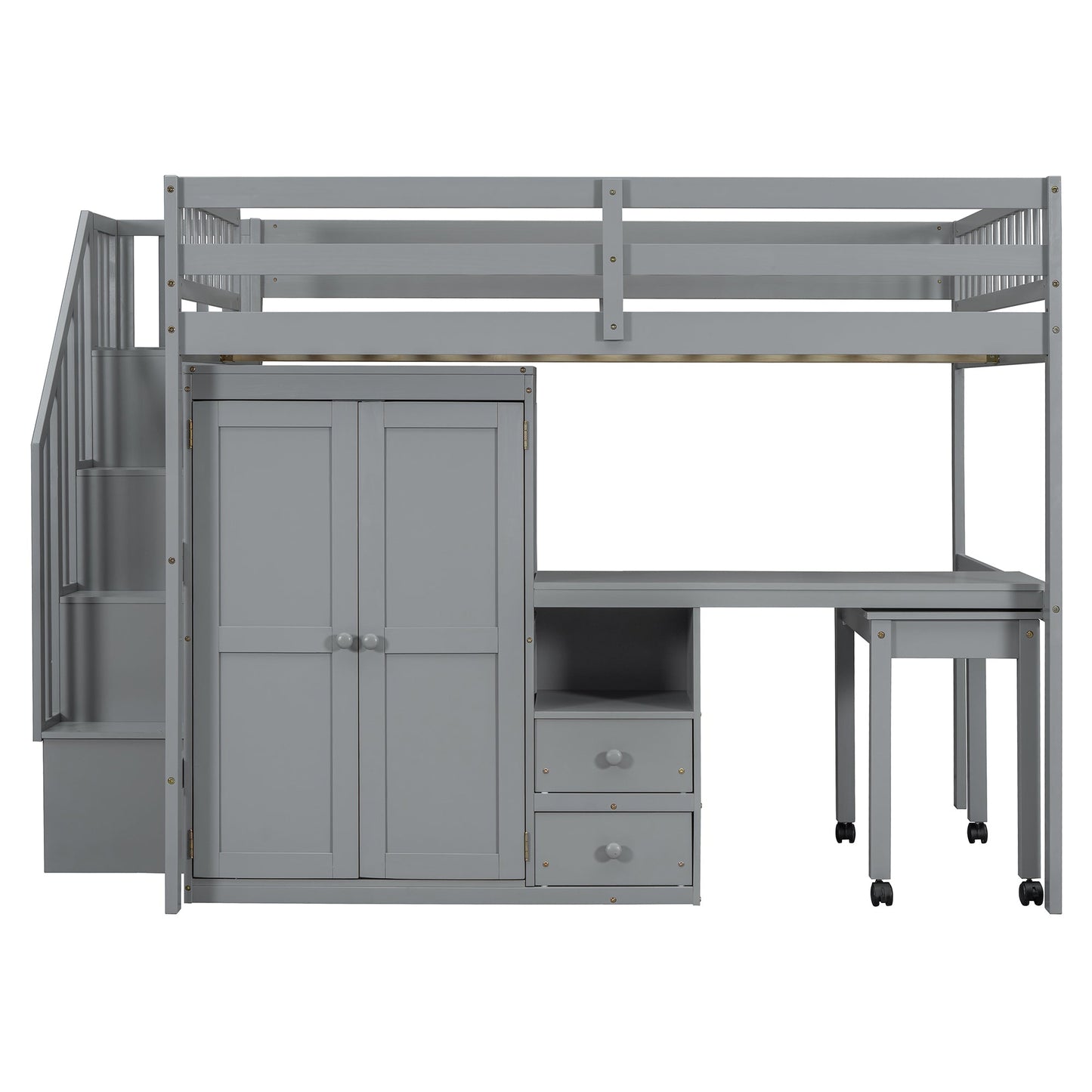 Full Size Loft Bed with Stairs, Bookshelf, Drawers, Desk & Wardrobe – Space-Saving Multifunctional Furniture for Kids & Teens-Gray