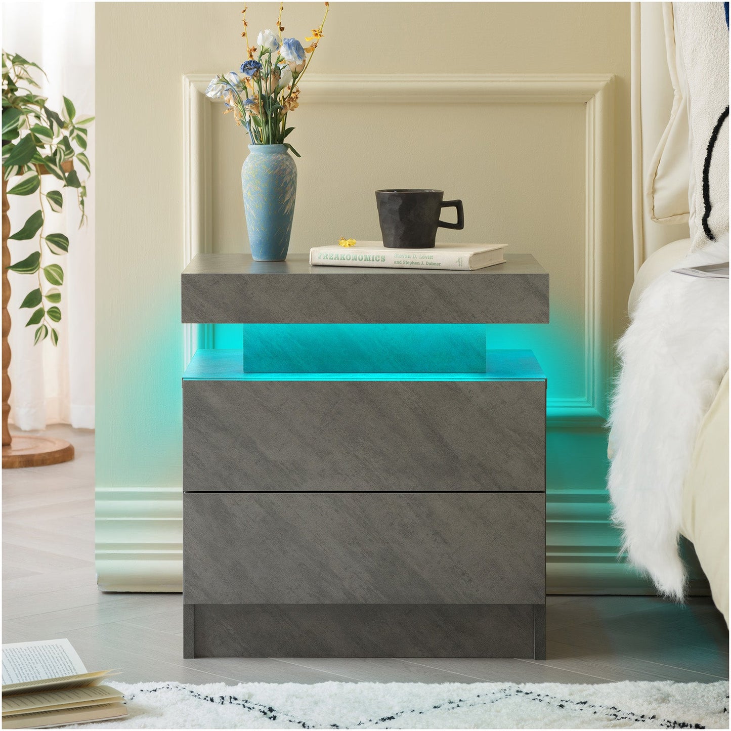 Modern LED Nightstand with 2 Drawers - Deep Gray