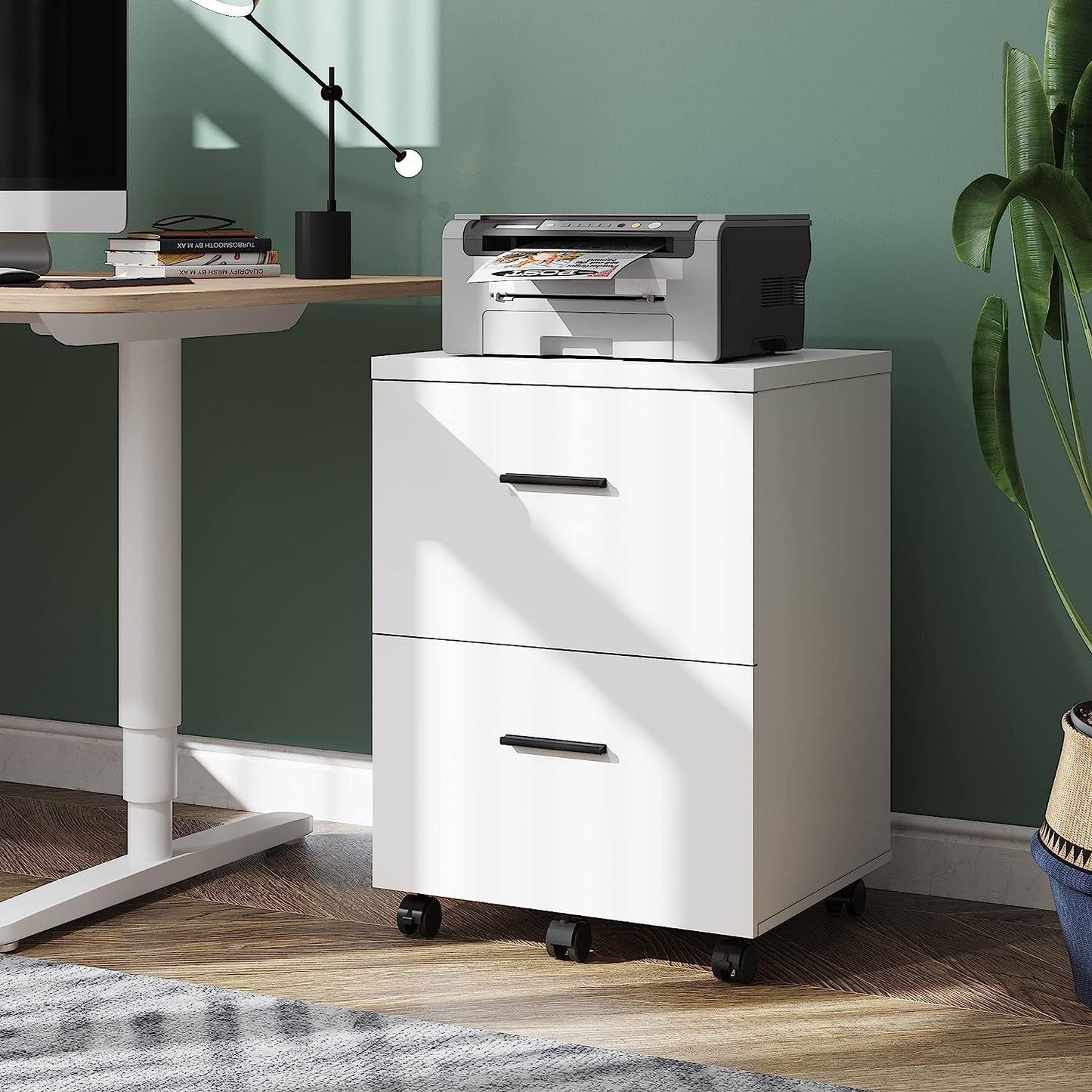 Mobile White Wood Lateral File Cabinet With 2 Drawers