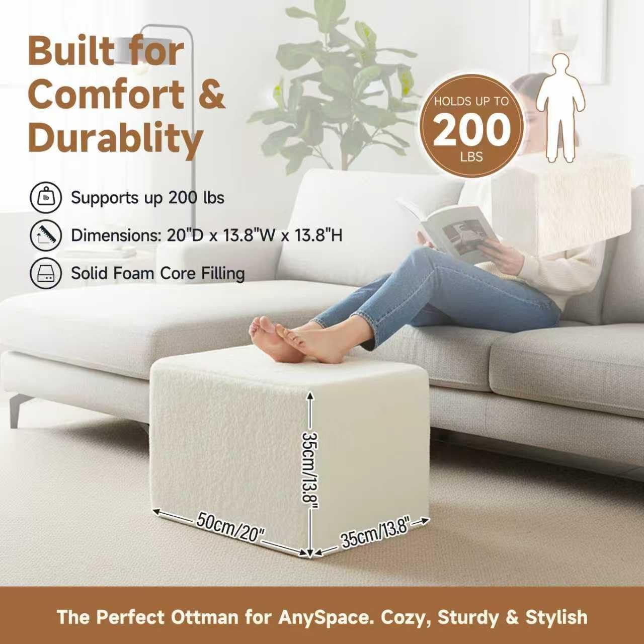 Cream Square Luxurious Upholstered Foam Pouf Ottoman